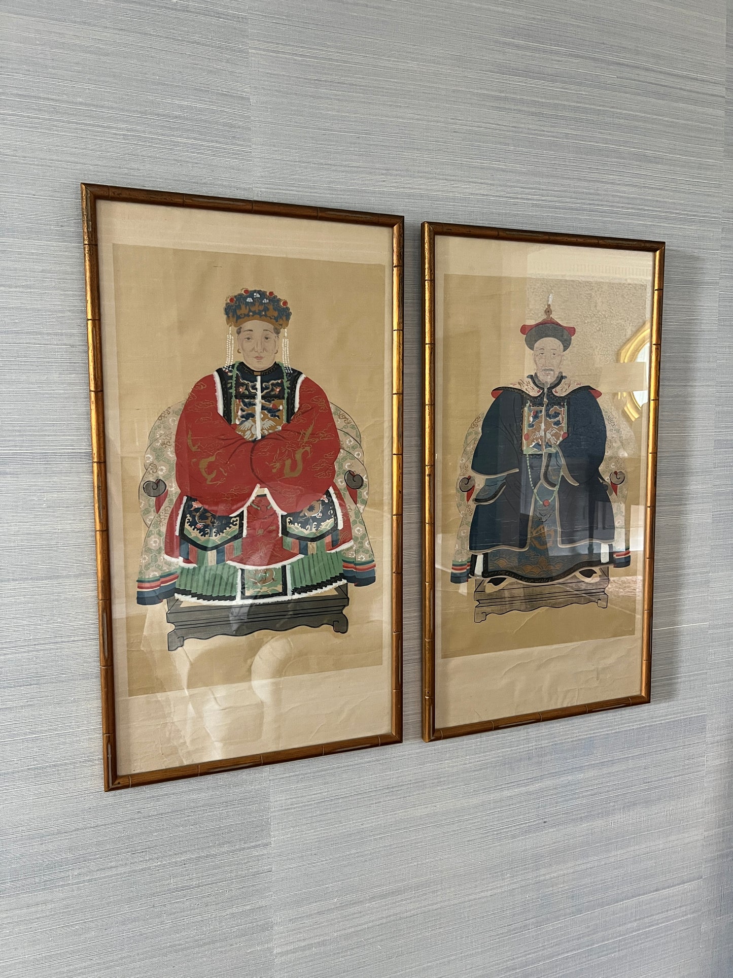 Pair of Chinese Ancestral Husband and Wife Couple Portraits on Silk in Gold Bamboo Frame