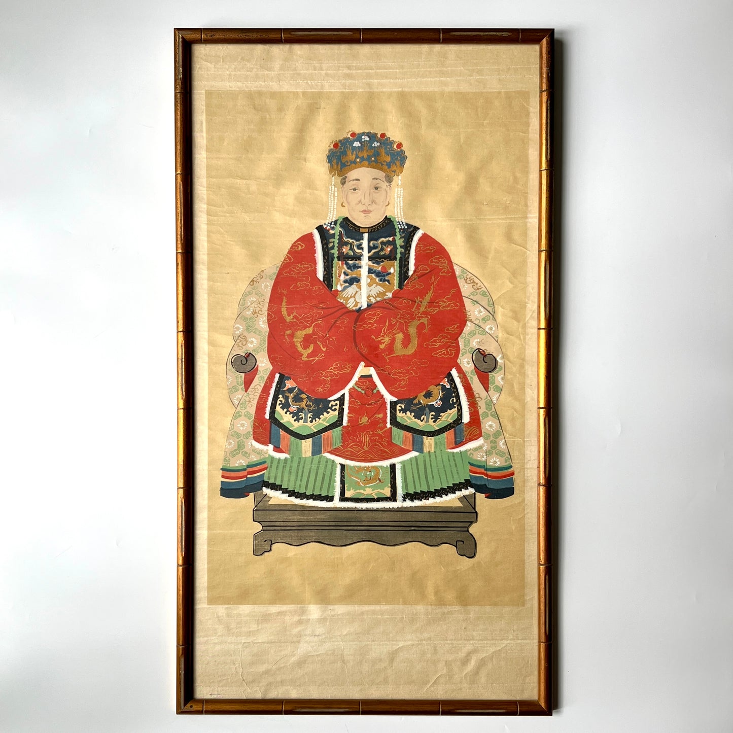 Pair of Chinese Ancestral Husband and Wife Couple Portraits on Silk in Gold Bamboo Frame