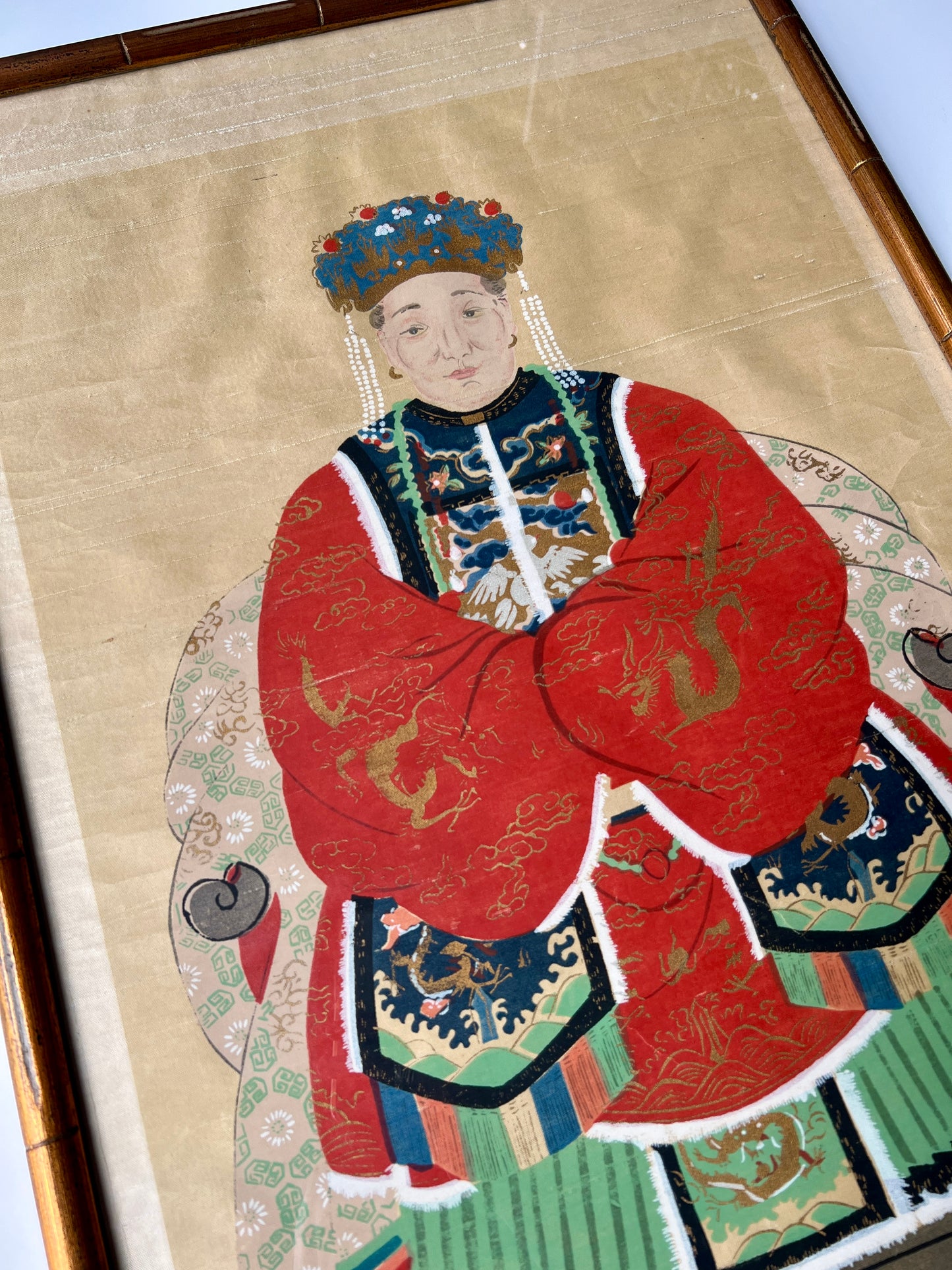Pair of Chinese Ancestral Husband and Wife Couple Portraits on Silk in Gold Bamboo Frame