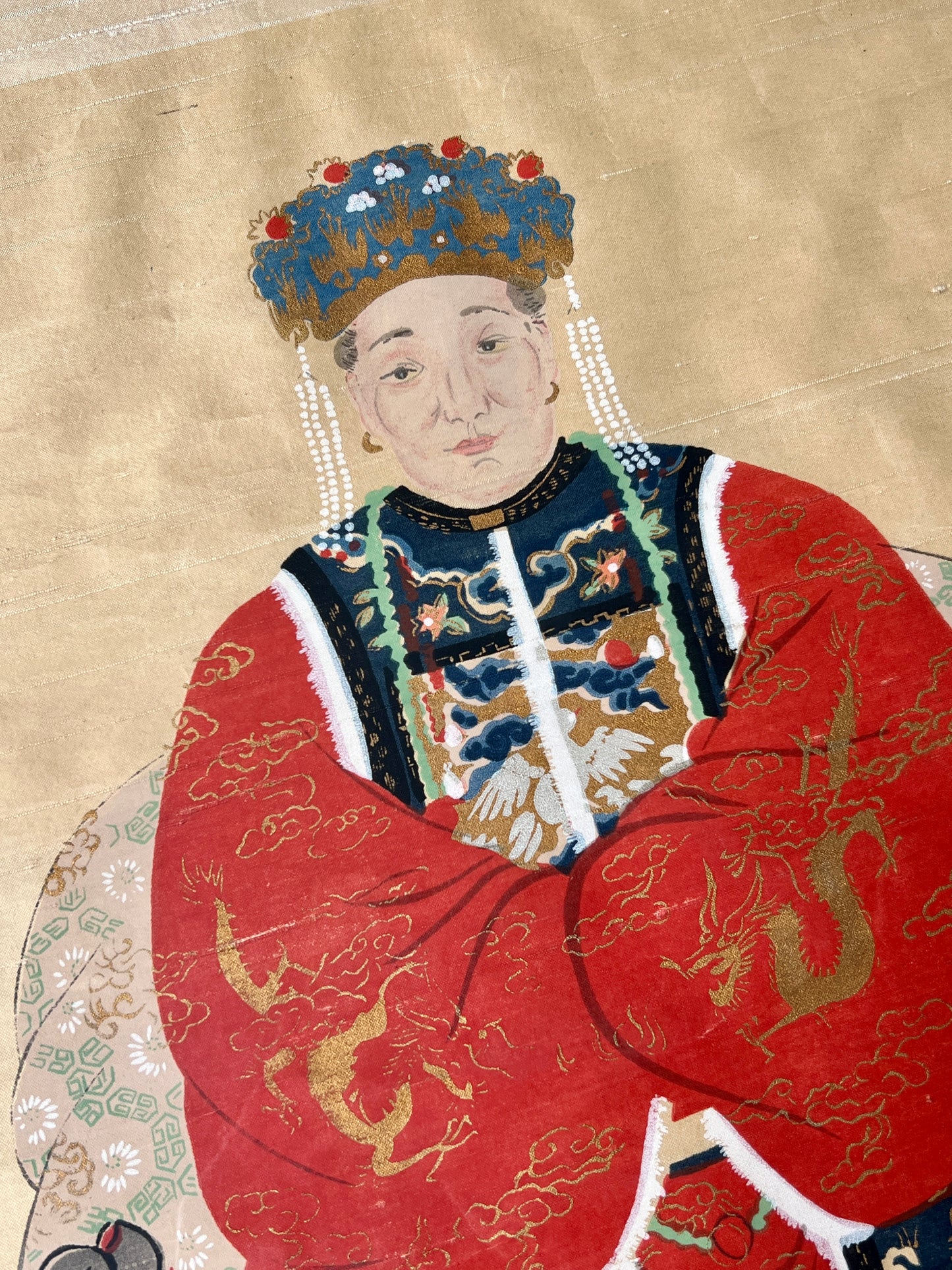 Pair of Chinese Ancestral Husband and Wife Couple Portraits on Silk in Gold Bamboo Frame