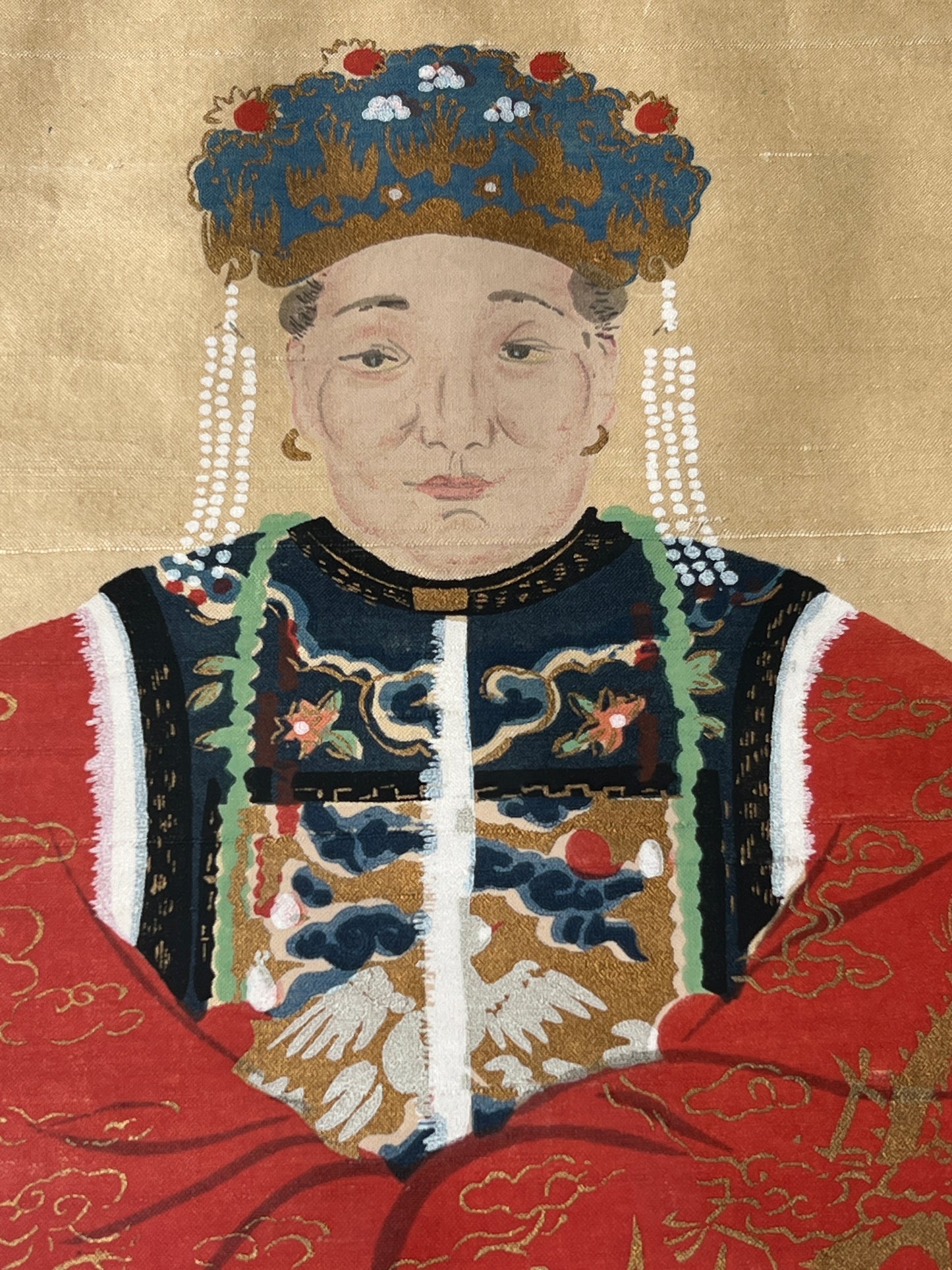 Pair of Chinese Ancestral Husband and Wife Couple Portraits on Silk in Gold Bamboo Frame