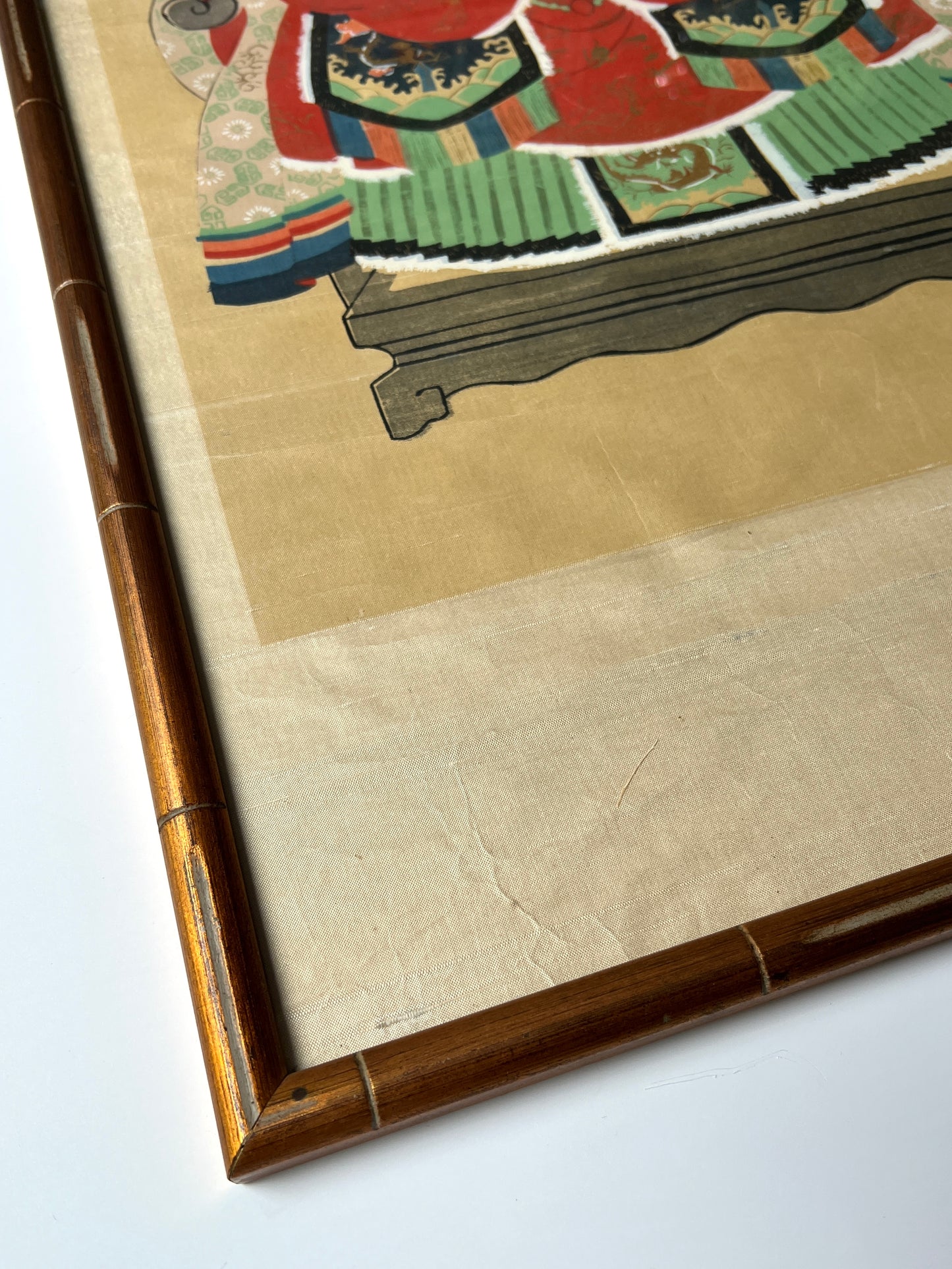 Pair of Chinese Ancestral Husband and Wife Couple Portraits on Silk in Gold Bamboo Frame