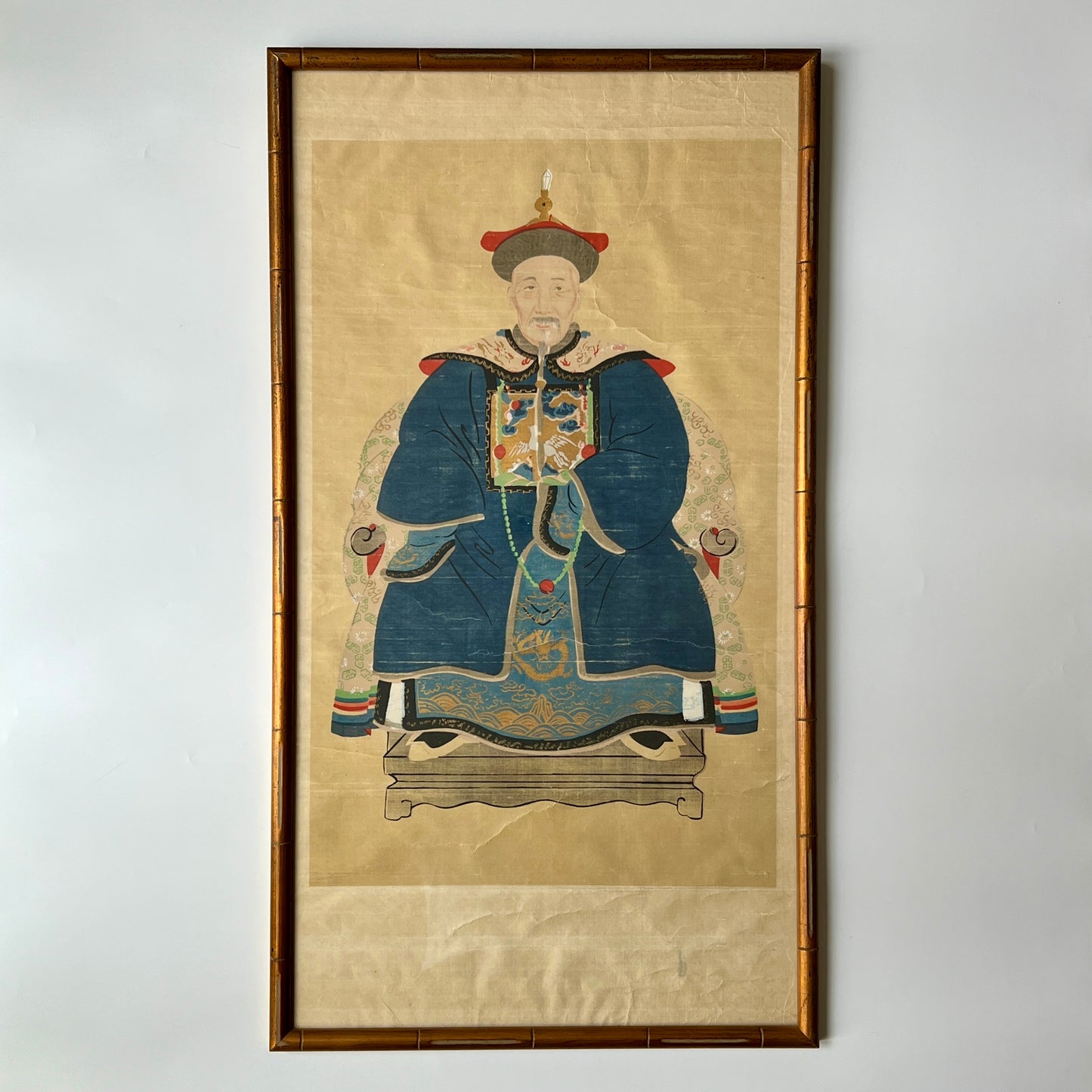 Pair of Chinese Ancestral Husband and Wife Couple Portraits on Silk in Gold Bamboo Frame