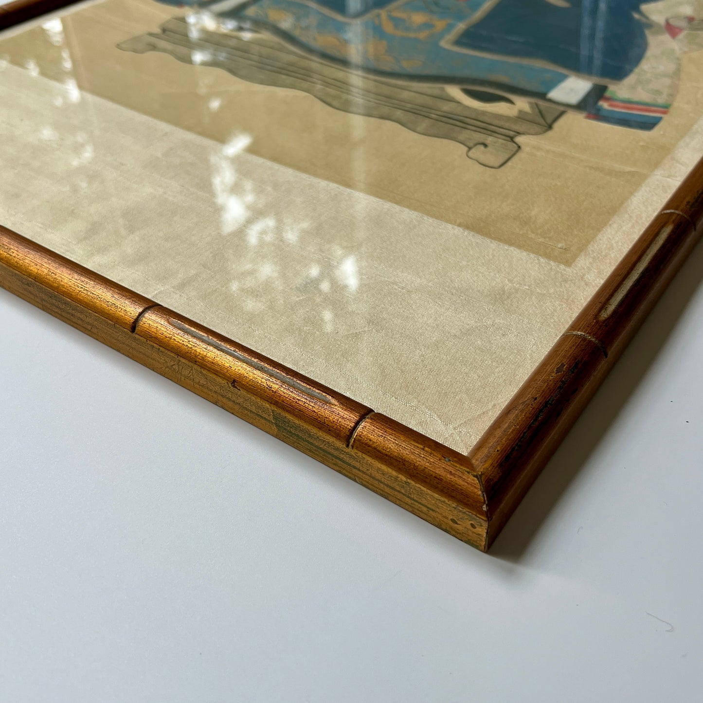 Pair of Chinese Ancestral Husband and Wife Couple Portraits on Silk in Gold Bamboo Frame