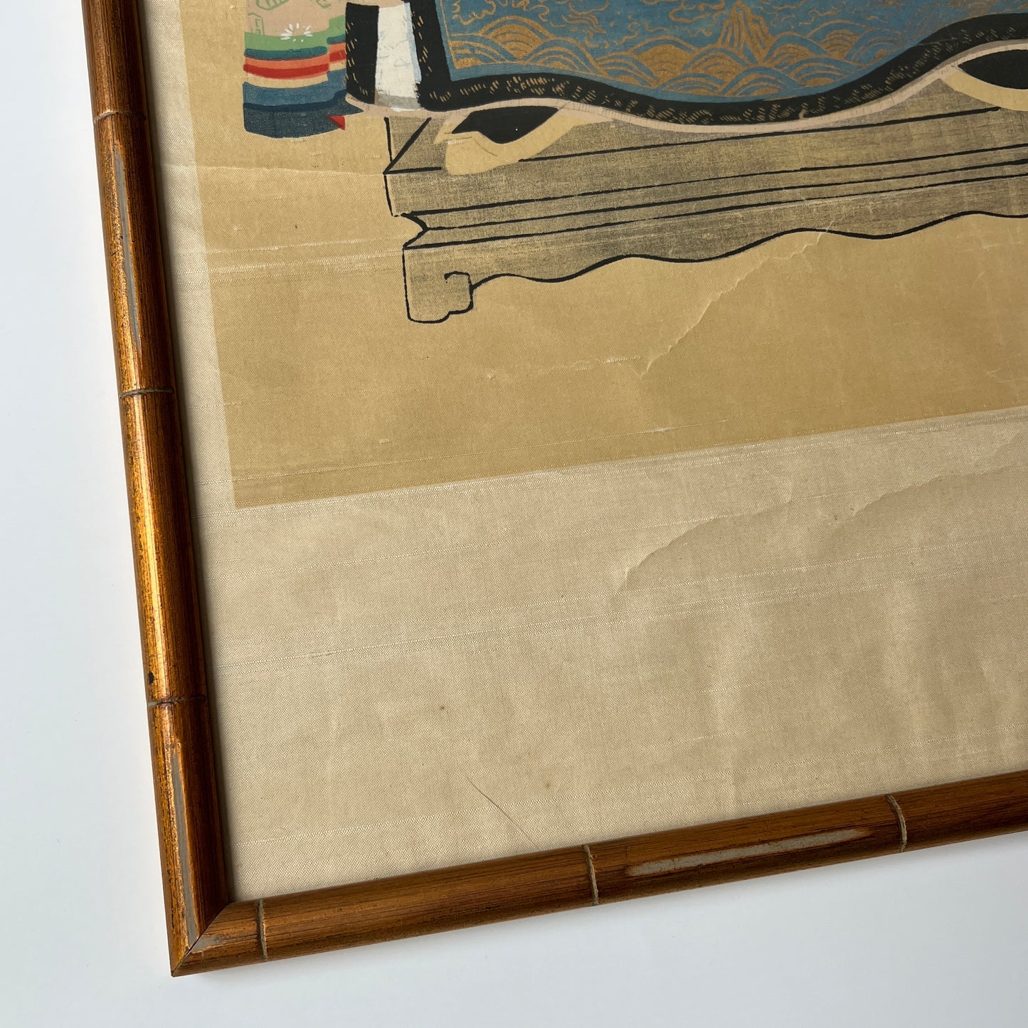 Pair of Chinese Ancestral Husband and Wife Couple Portraits on Silk in Gold Bamboo Frame