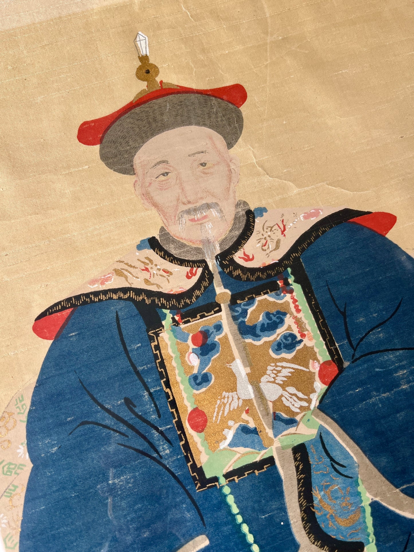 Pair of Chinese Ancestral Husband and Wife Couple Portraits on Silk in Gold Bamboo Frame