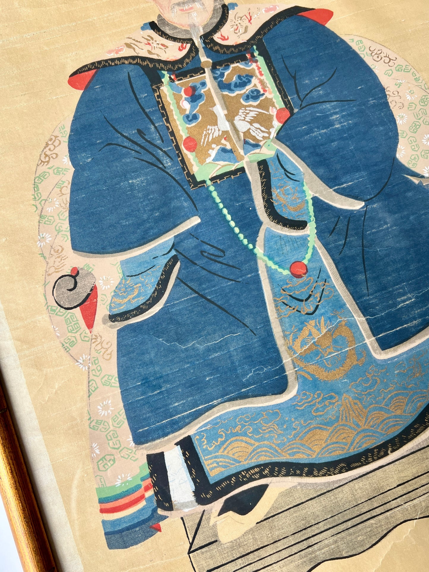 Pair of Chinese Ancestral Husband and Wife Couple Portraits on Silk in Gold Bamboo Frame