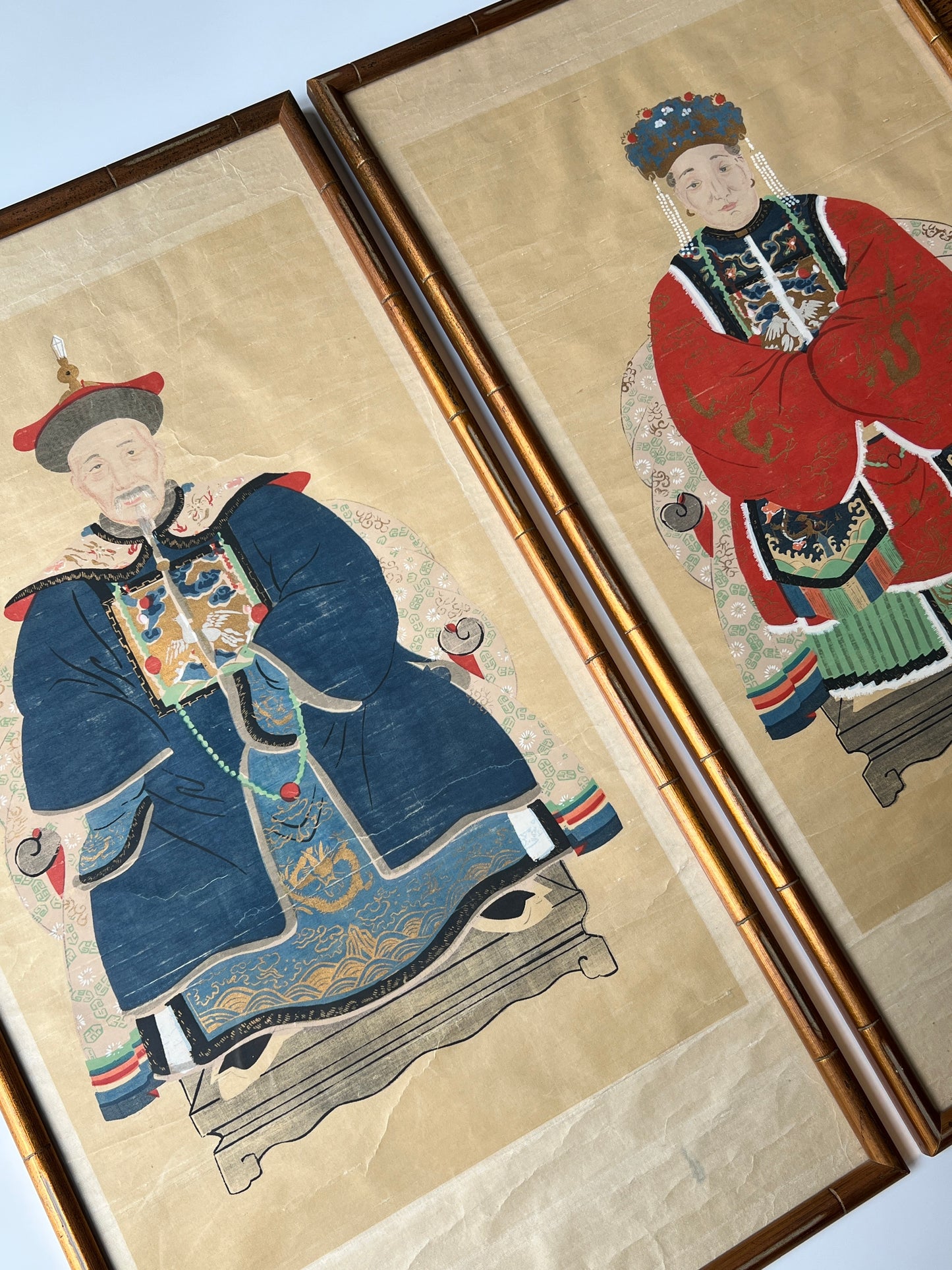 Pair of Chinese Ancestral Husband and Wife Couple Portraits on Silk in Gold Bamboo Frame
