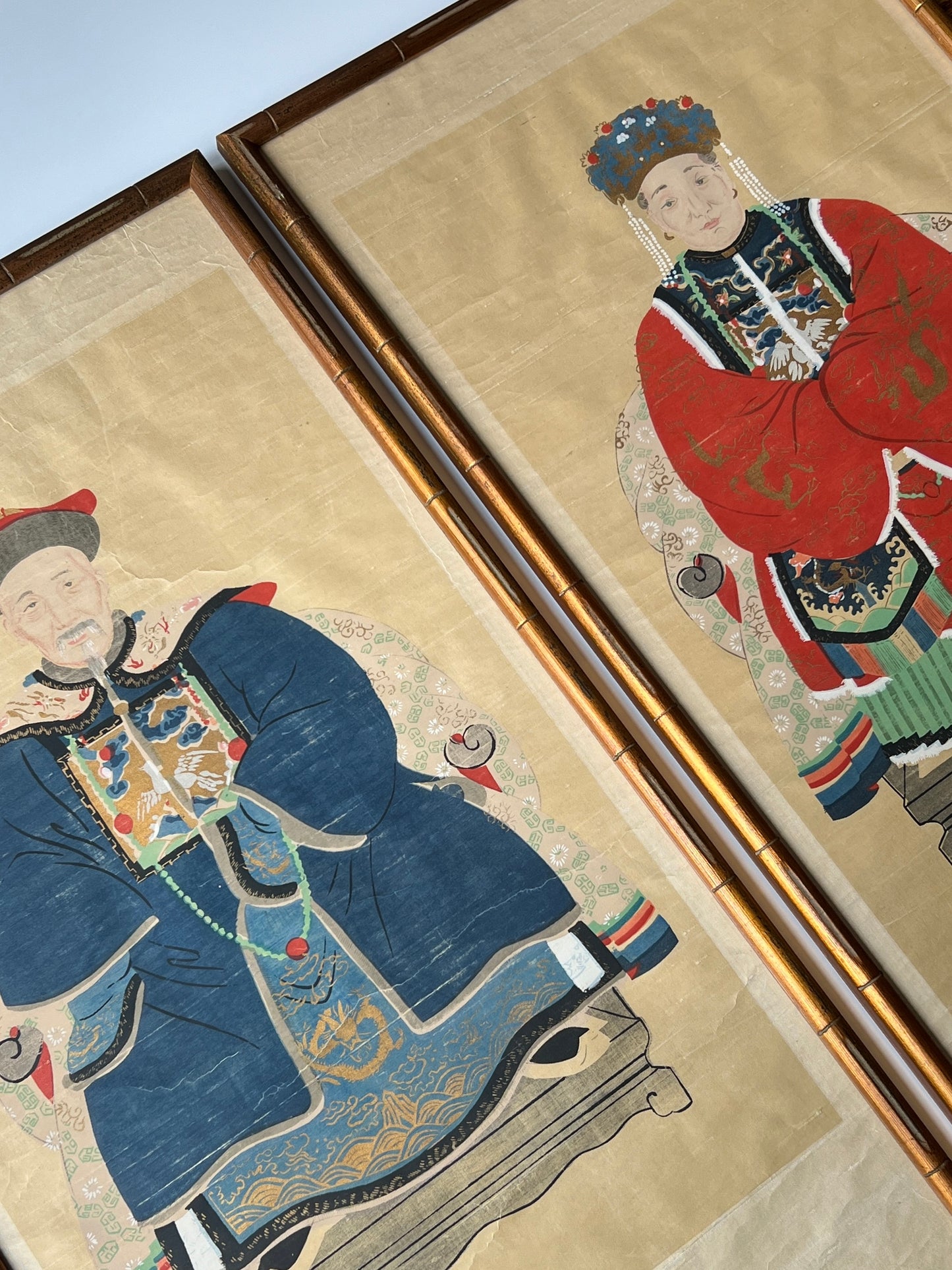 Pair of Chinese Ancestral Husband and Wife Couple Portraits on Silk in Gold Bamboo Frame
