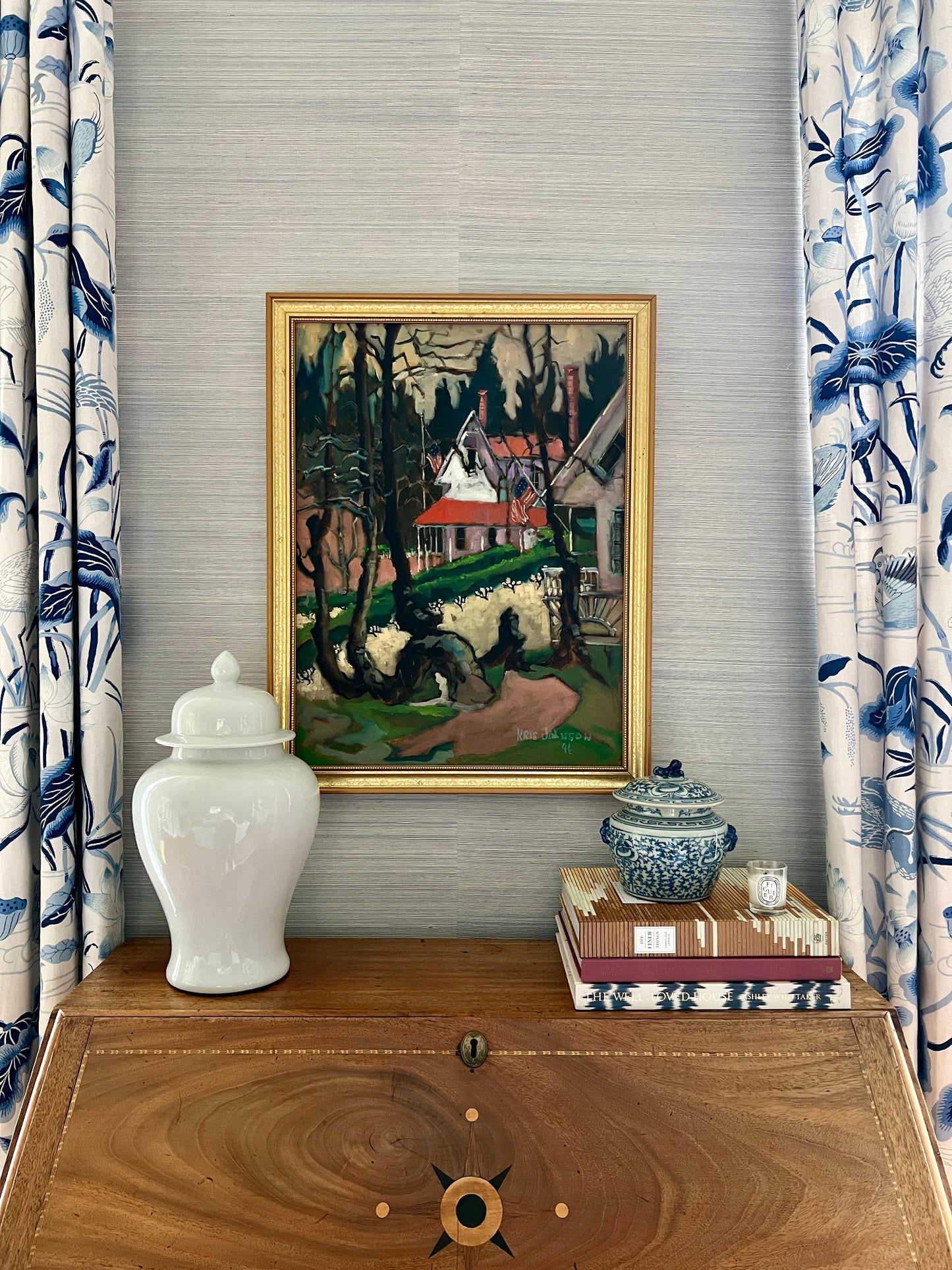 Kris Johnson "Memorial Day" American Flag Houses Oil Painting in Gold Frame