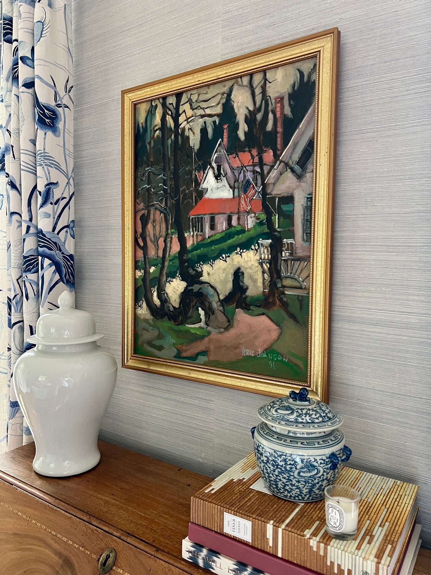 Kris Johnson "Memorial Day" American Flag Houses Oil Painting in Gold Frame
