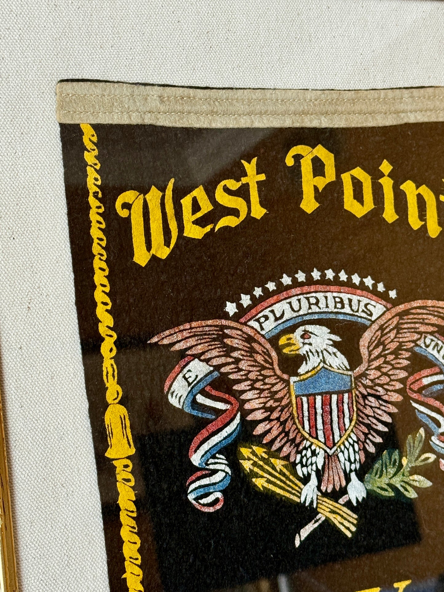 WWII Era West Point United States Military Academy NY Felt Window Banner on Ivory Twill in Vintage Gold Frame
