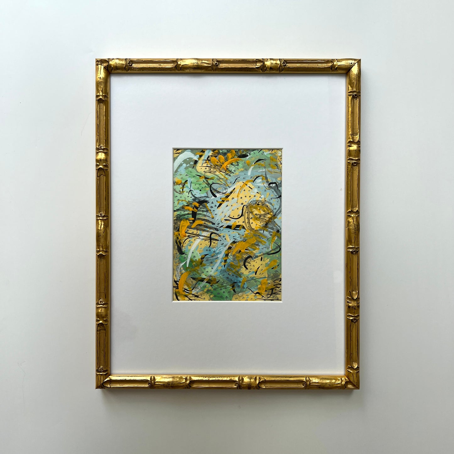 Vintage Colorful Large Abstract Oil Painting #9 in Light Gold Bamboo Frame