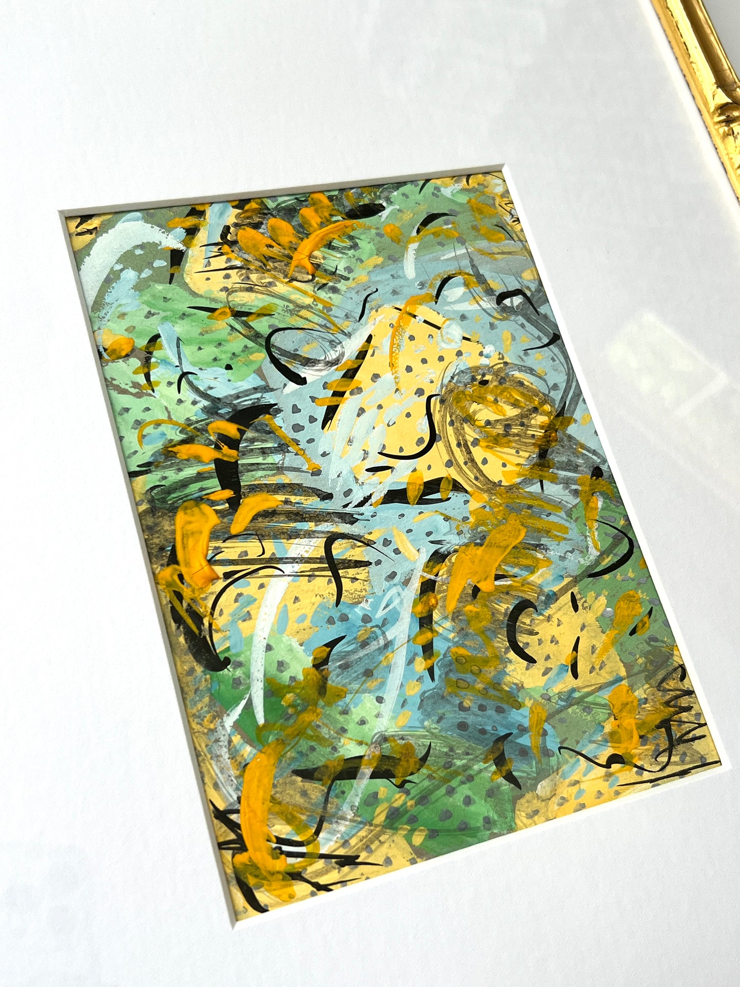 Vintage Colorful Large Abstract Oil Painting #9 in Light Gold Bamboo Frame