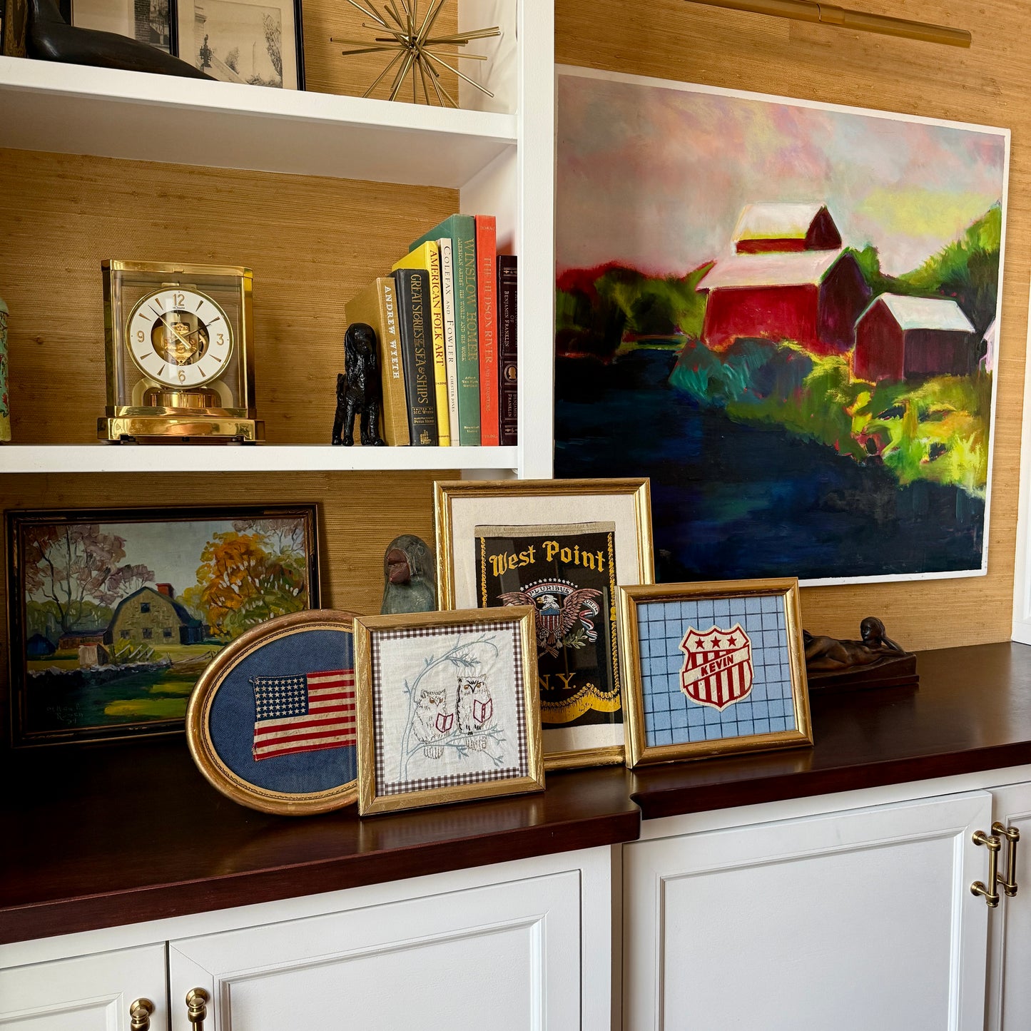 Old 48 Star American Parade Flag on Navy in Antique Oval Gilded Frame