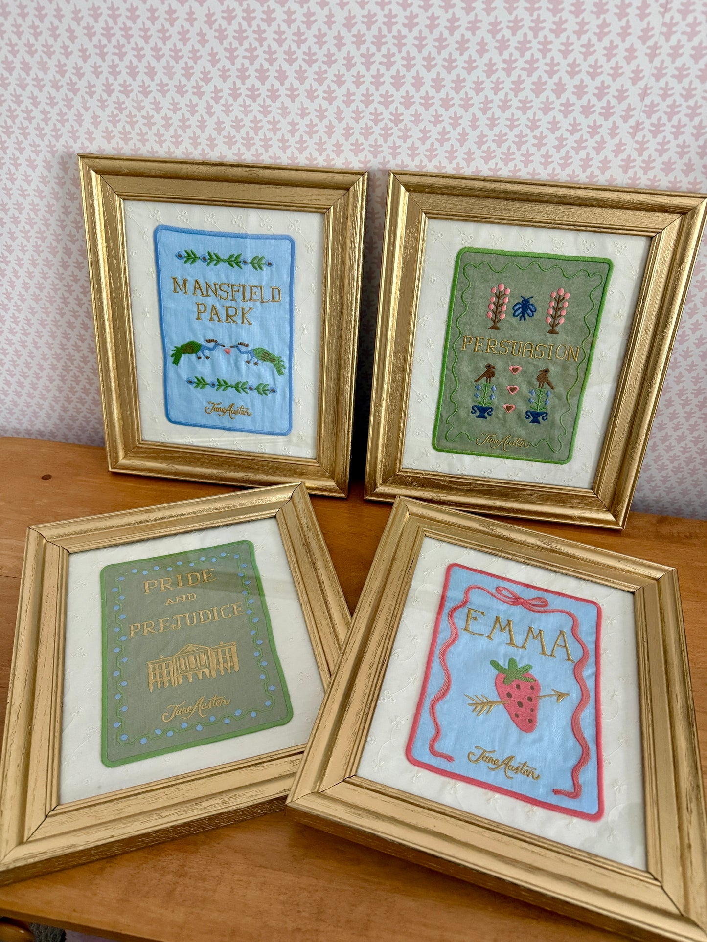 Jane Austen Novels Set of Four Emroidered Linen Books on Ivory Eyelet in Gold Frames