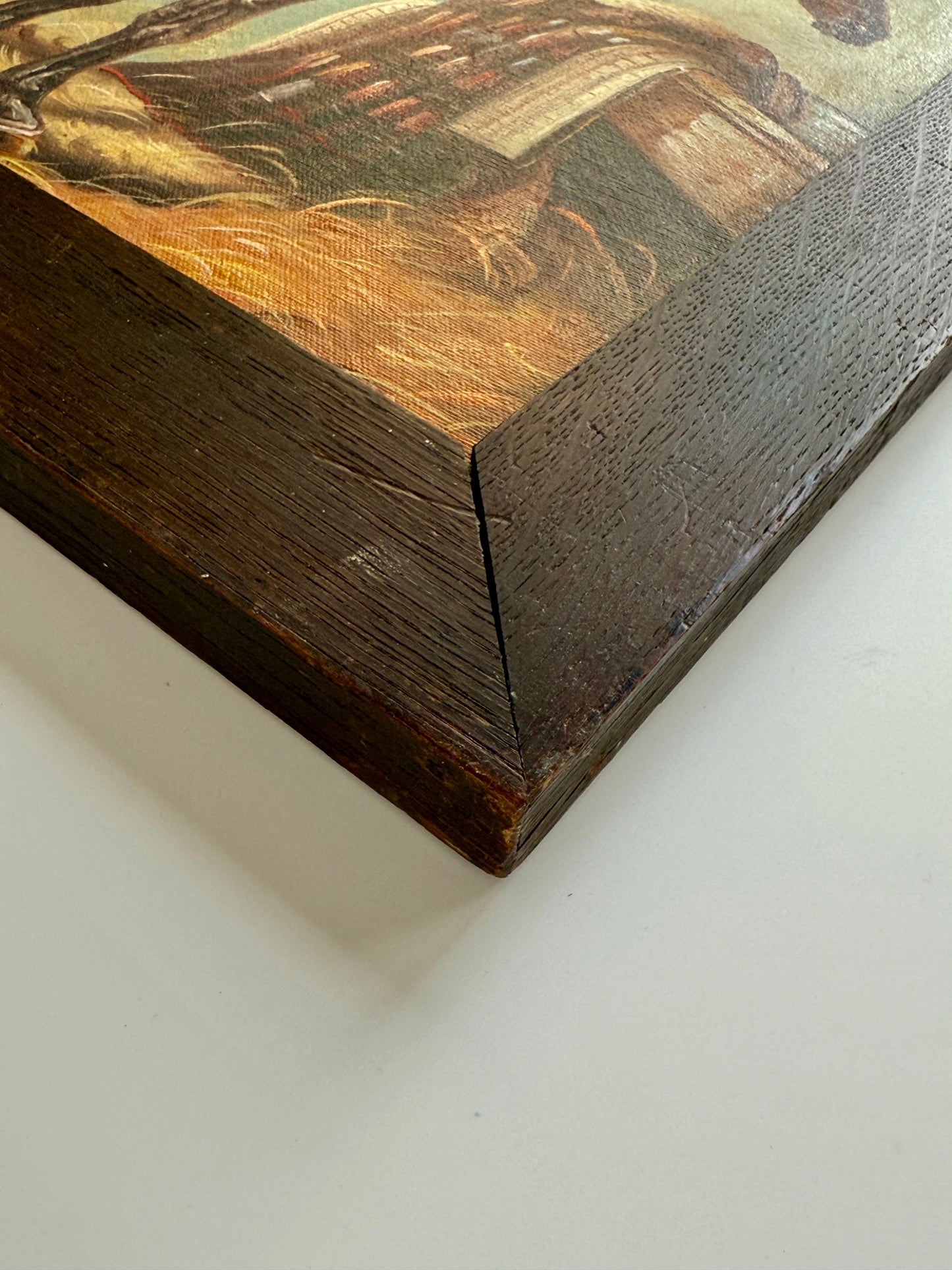 Vintage Chestnut Horse in Stable Portrait Oil Painting in Oak Frame