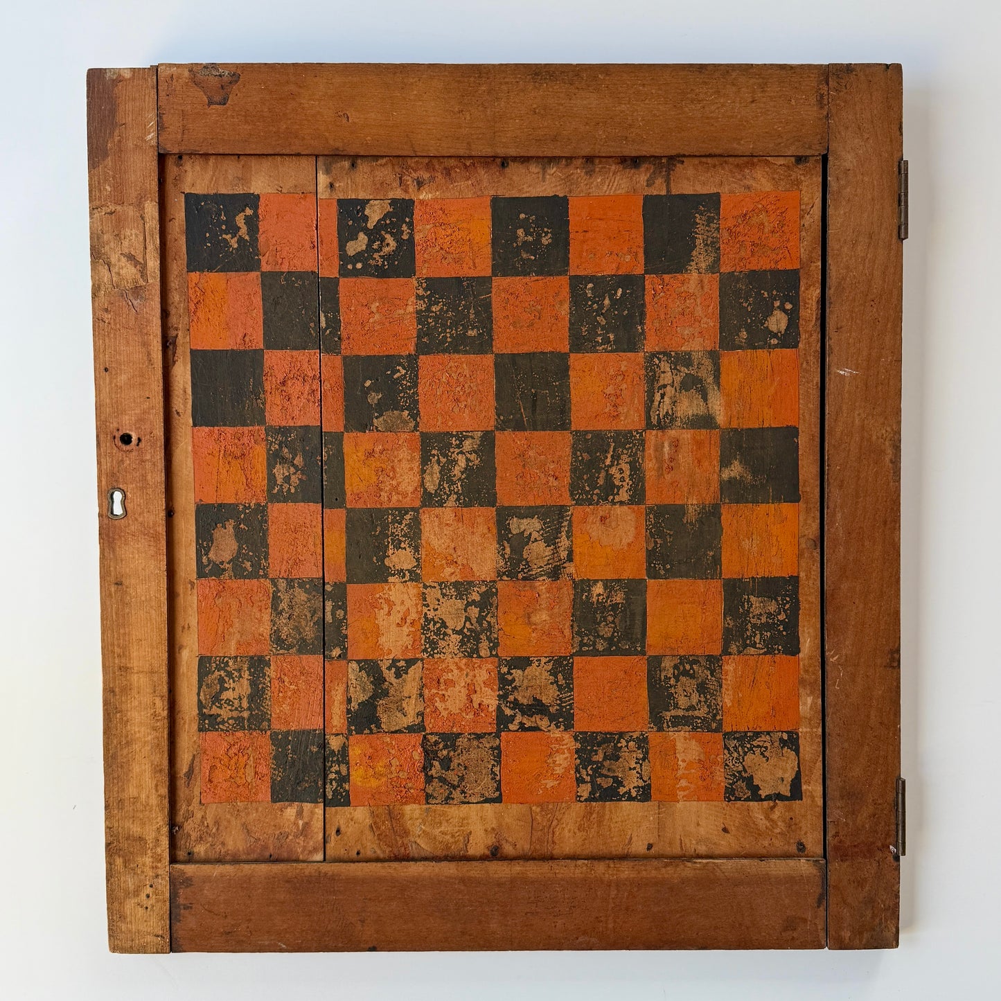 Antique Primitive American Folk Painted Checkers Game Board on Cupboard Door