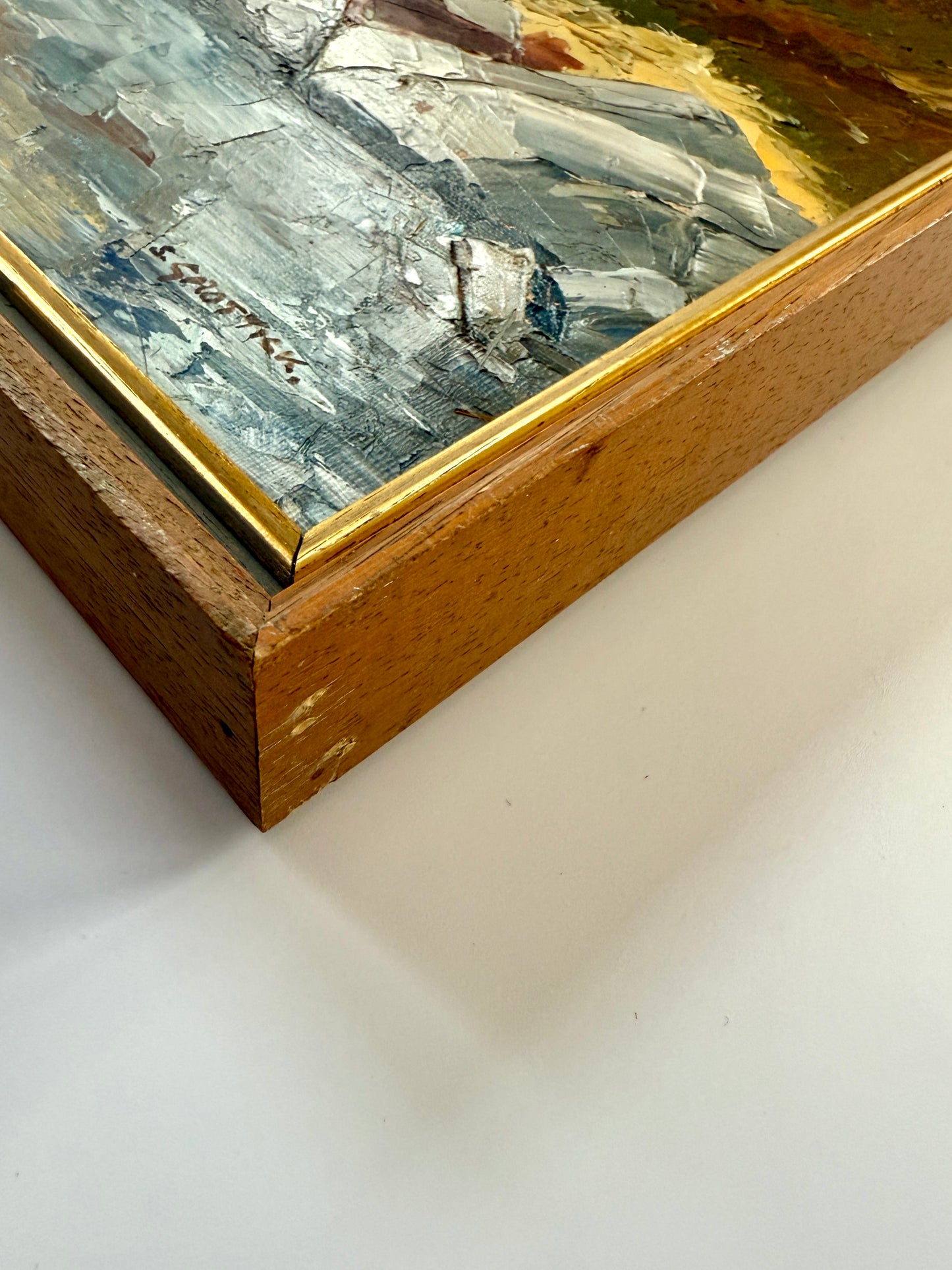 Vintage Rocky Coastal Landscape Painting in Wood Frame