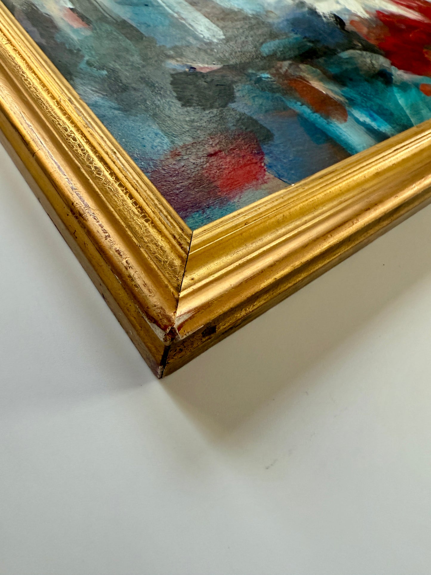Vintage Red, White and Blue Expressionist Floral Still Life Oil Painting in Gold Frame