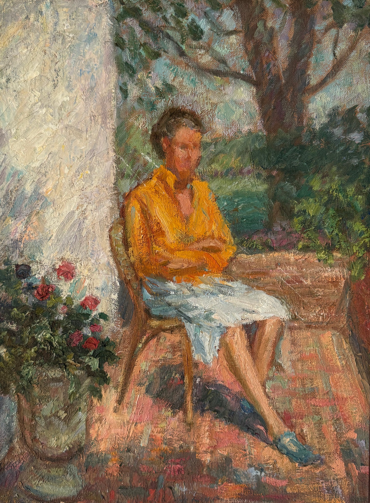 Richard Schmueckle Impressionist Portrait of Woman in Garden Oil Painting in Wood Frame