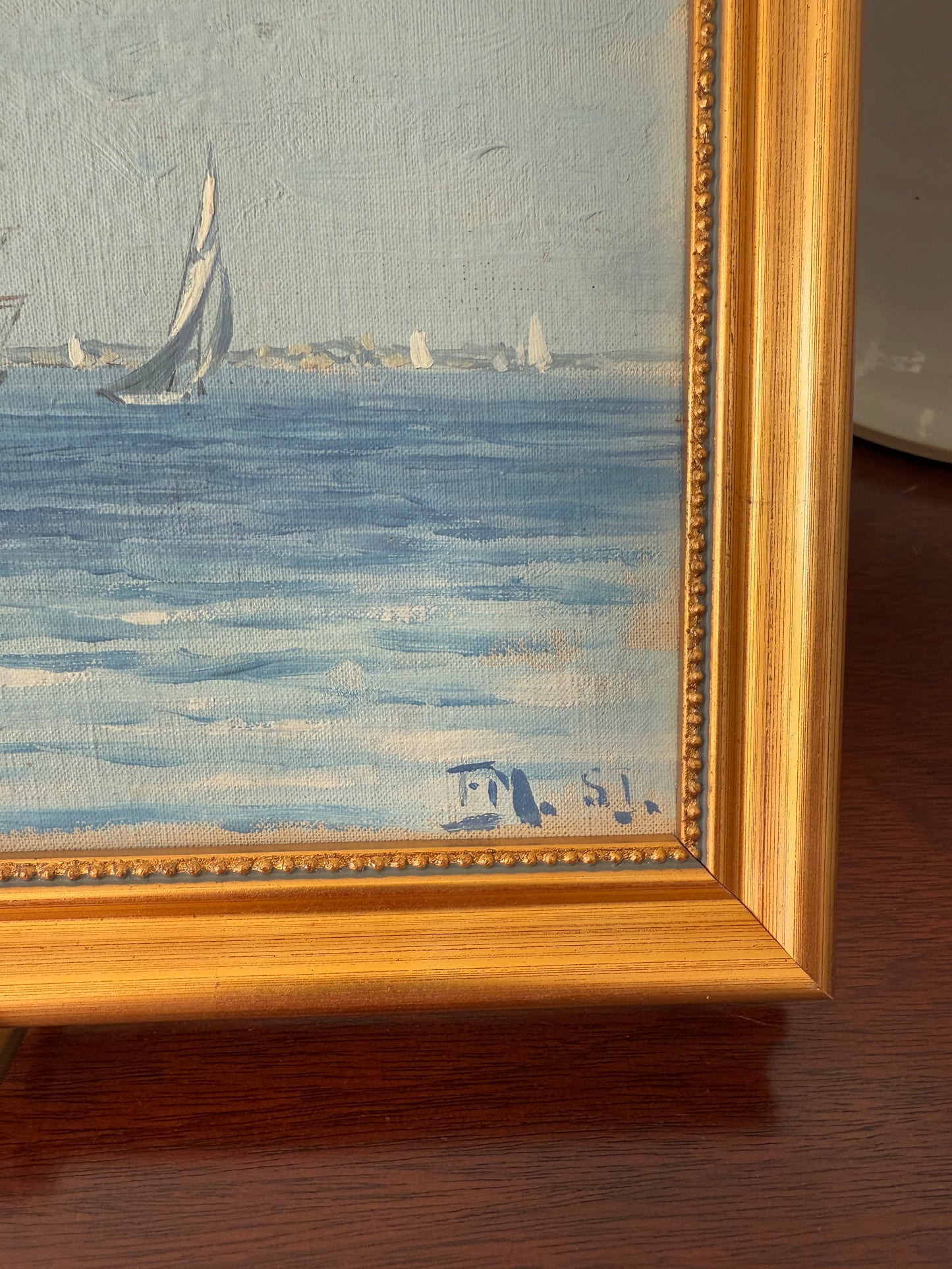 Vintage Sailboats and Ships in Seascape Oil Painting in Gold Frame