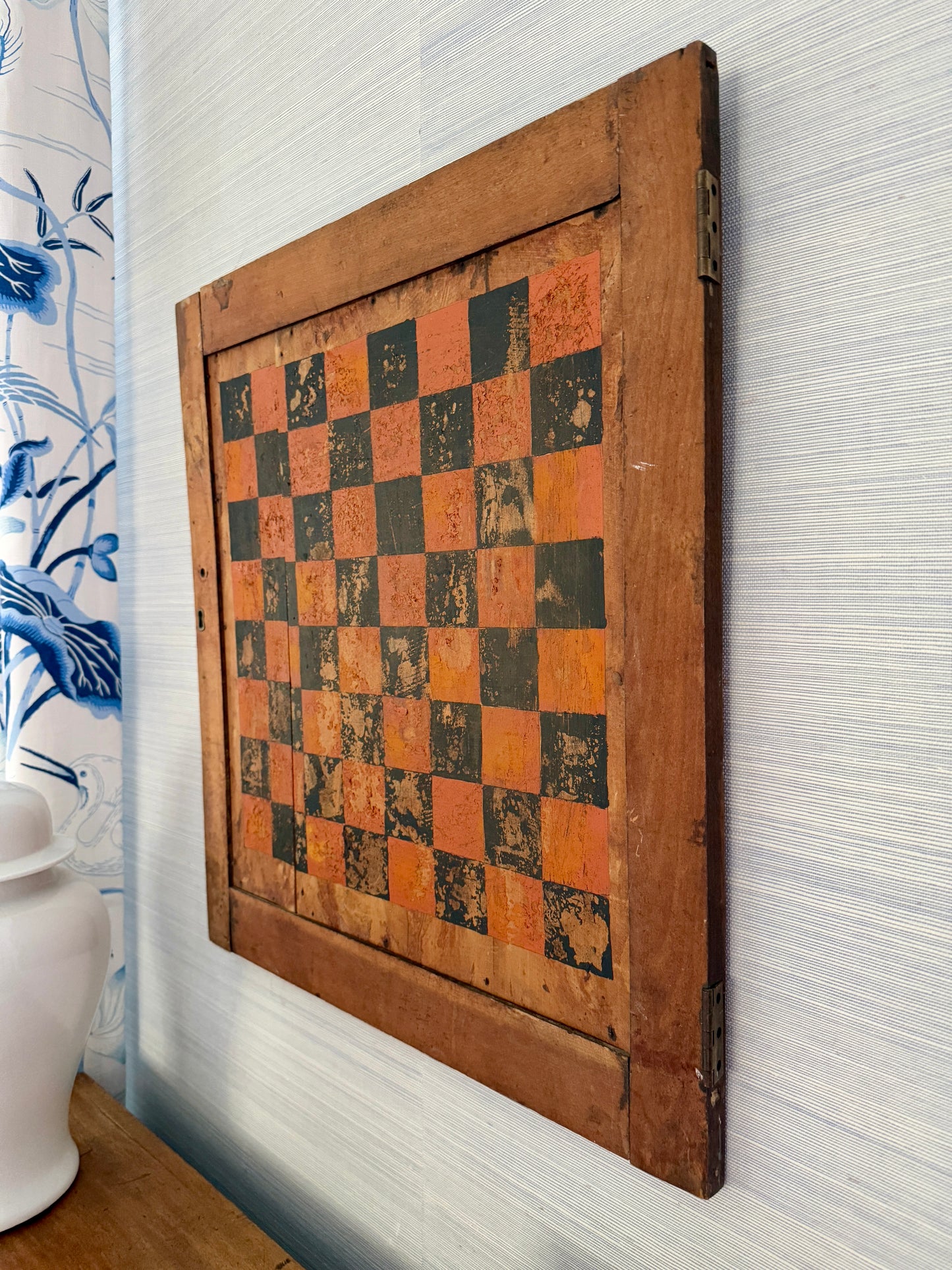 Antique Primitive American Folk Painted Checkers Game Board on Cupboard Door