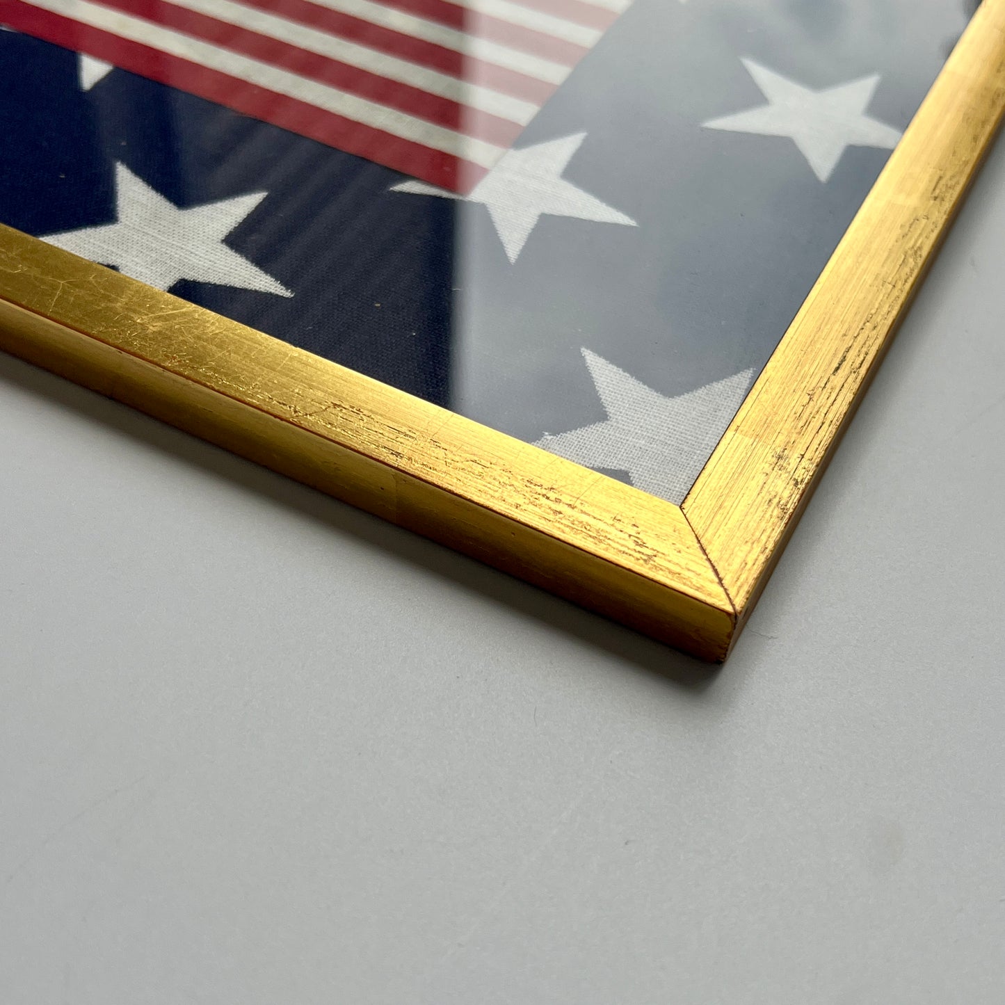 Vintage American Parade Flag on Blue and White Stars in Gold Frame