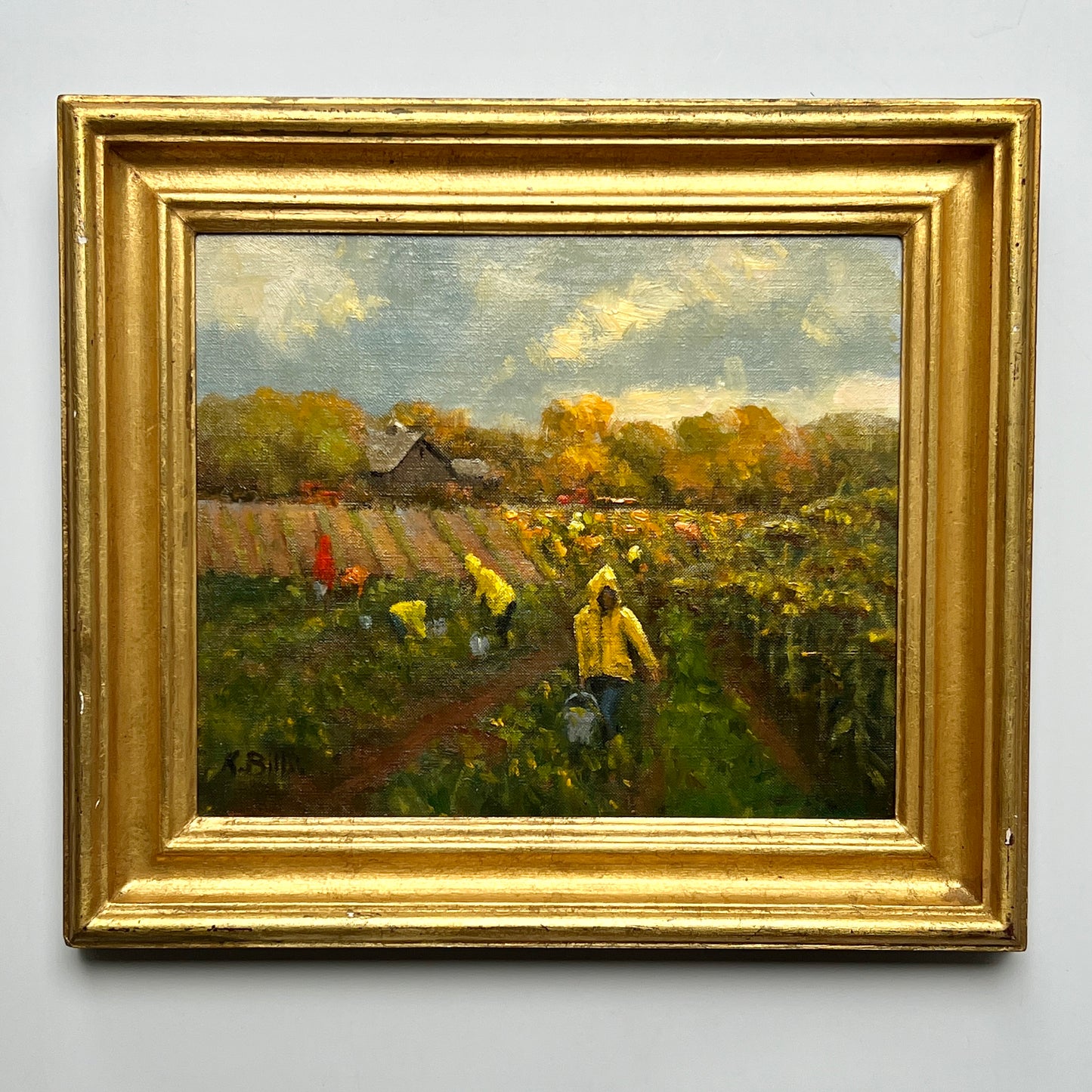 Kathleen Billis Martha's Vineyard Morning Glory Farm Edgartown "Harvest Hurry" Oil Painting in Gold Frame