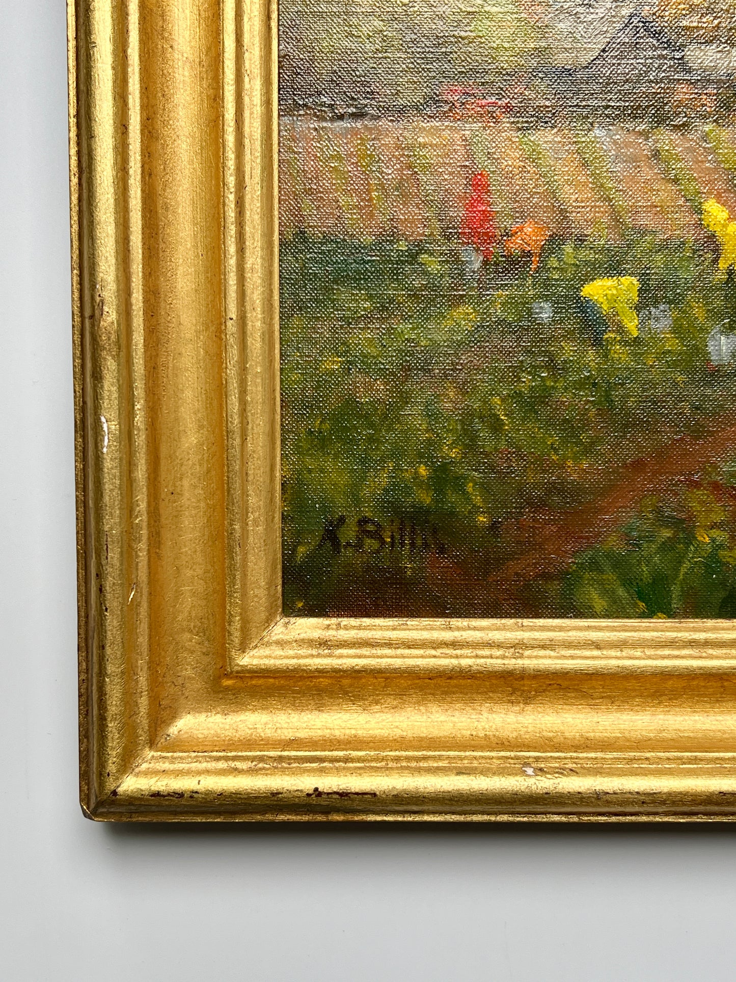 Kathleen Billis Martha's Vineyard Morning Glory Farm Edgartown "Harvest Hurry" Oil Painting in Gold Frame