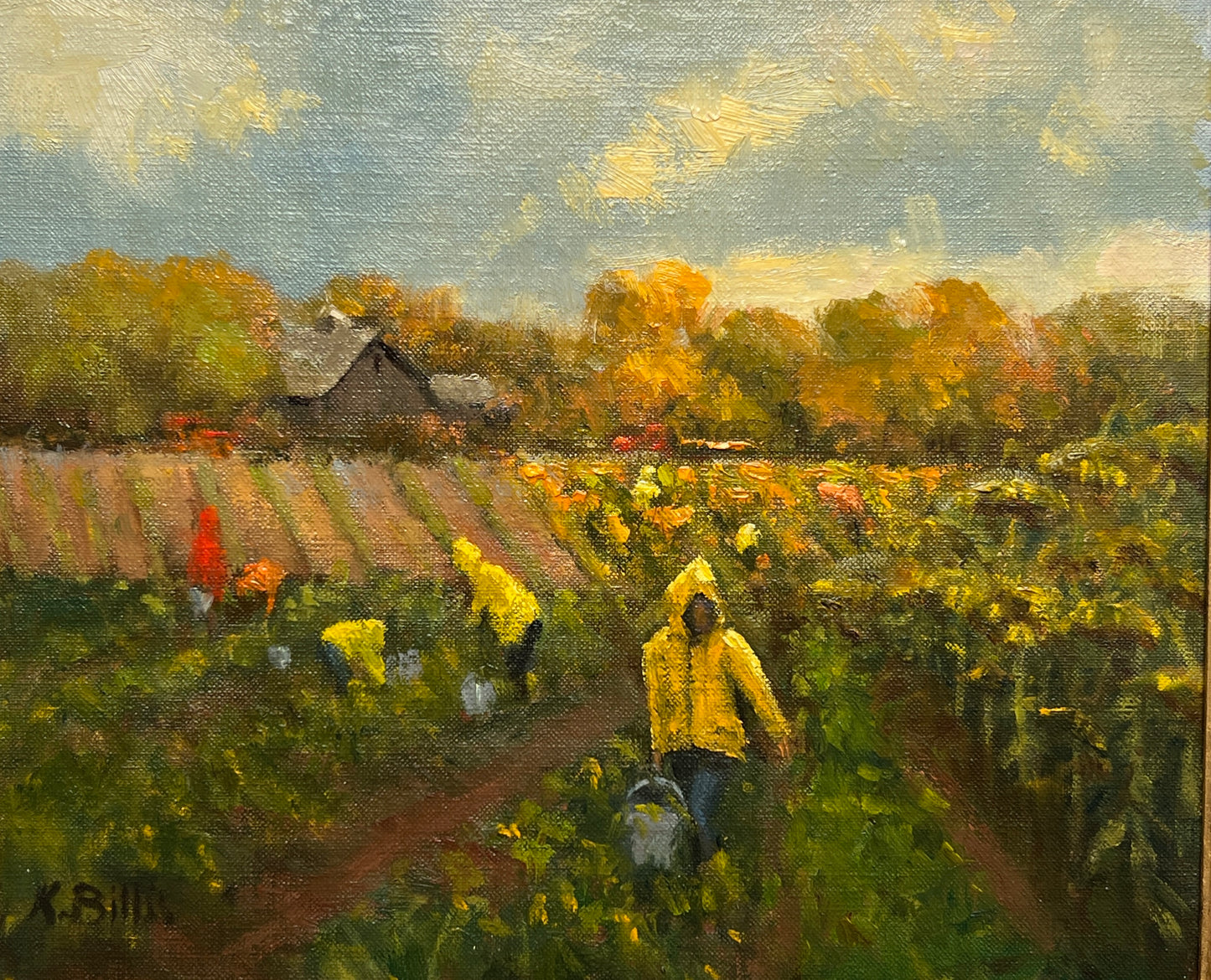 Kathleen Billis Martha's Vineyard Morning Glory Farm Edgartown "Harvest Hurry" Oil Painting in Gold Frame