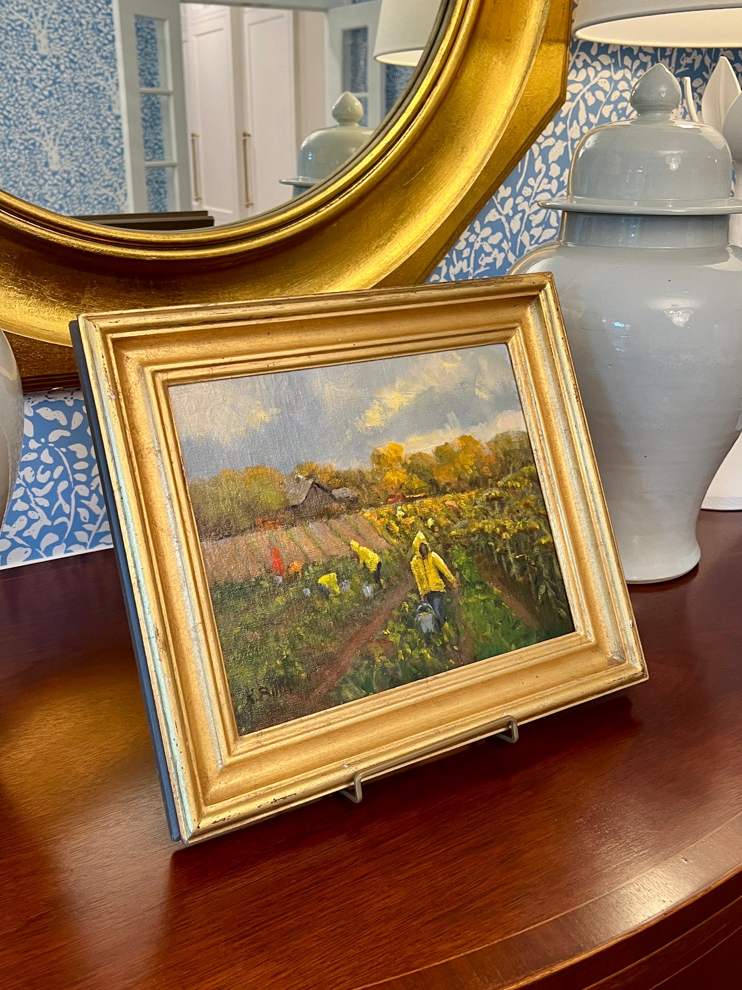 Kathleen Billis Martha's Vineyard Morning Glory Farm Edgartown "Harvest Hurry" Oil Painting in Gold Frame