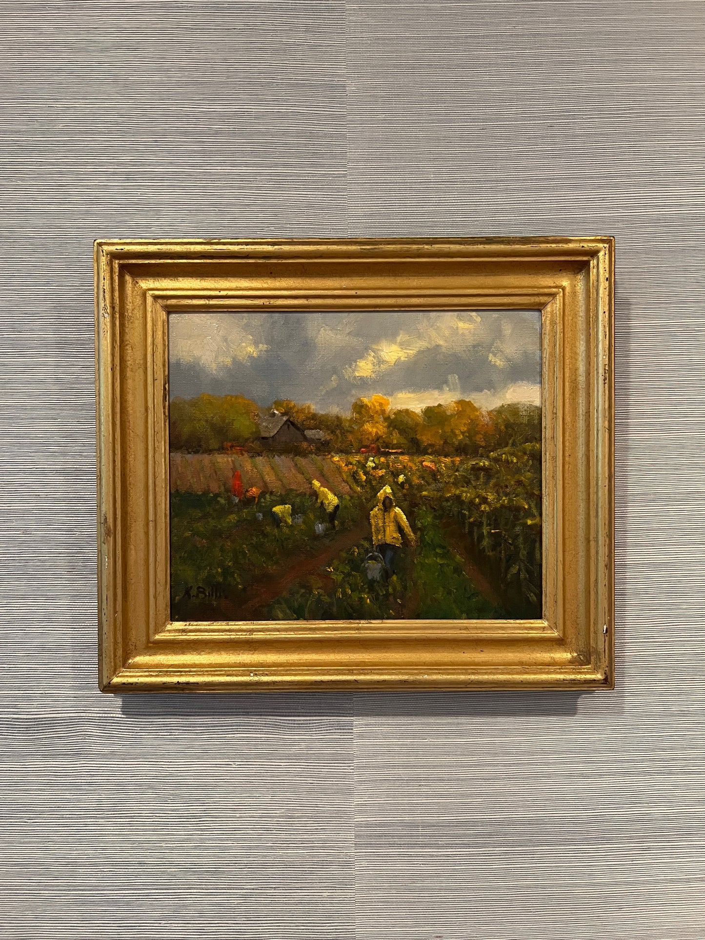 Kathleen Billis Martha's Vineyard Morning Glory Farm Edgartown "Harvest Hurry" Oil Painting in Gold Frame