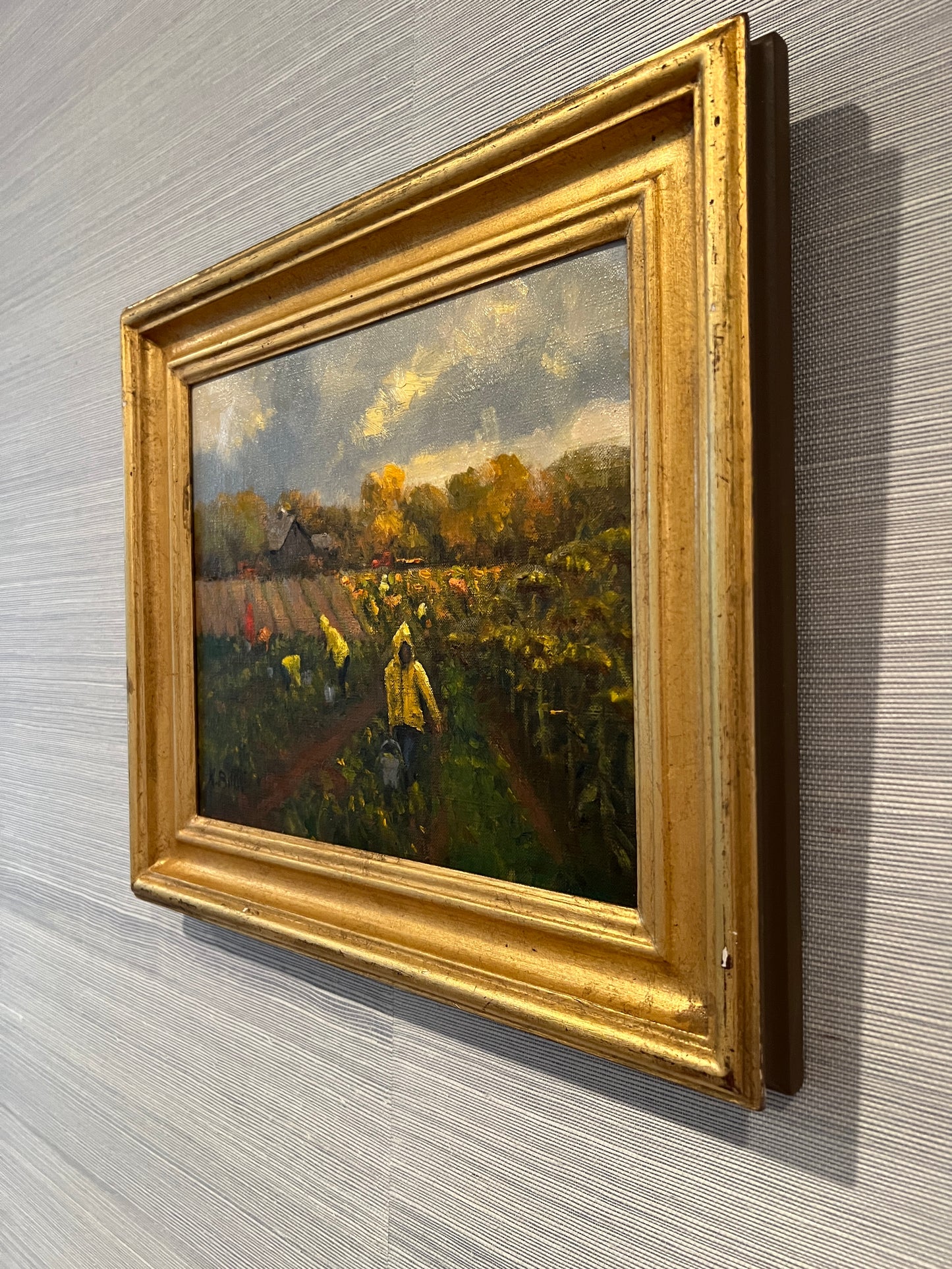 Kathleen Billis Martha's Vineyard Morning Glory Farm Edgartown "Harvest Hurry" Oil Painting in Gold Frame