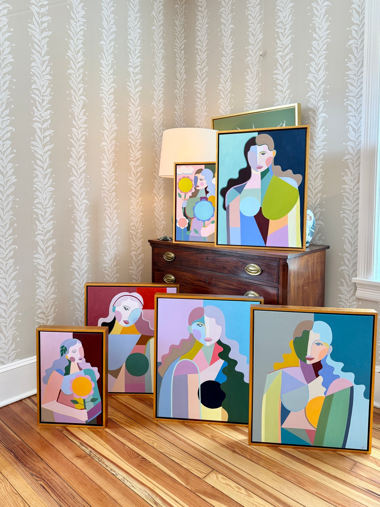 Rebecca Adler Lila Female Expressive Portrait Painting in Gold Floater Frame