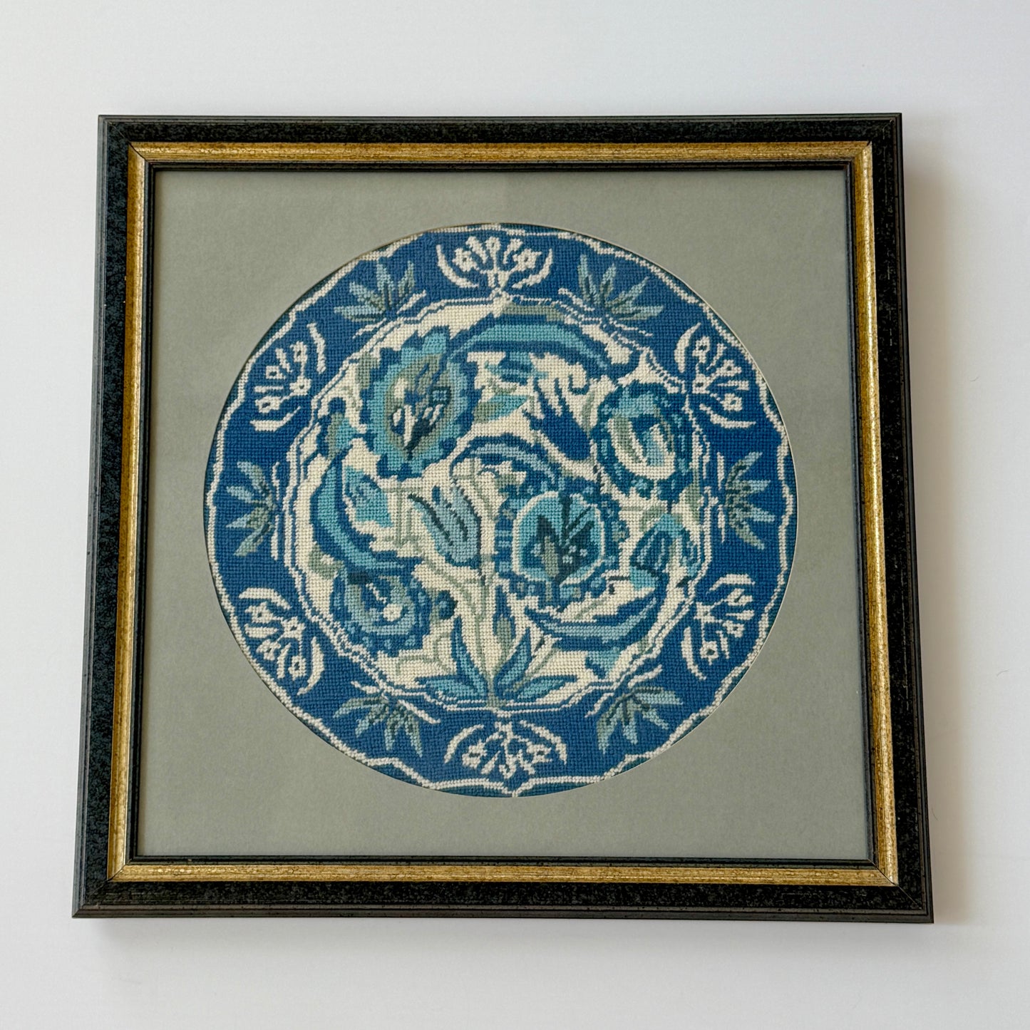 Vintage Blue and White Needlepoint Plate in Custom Frame