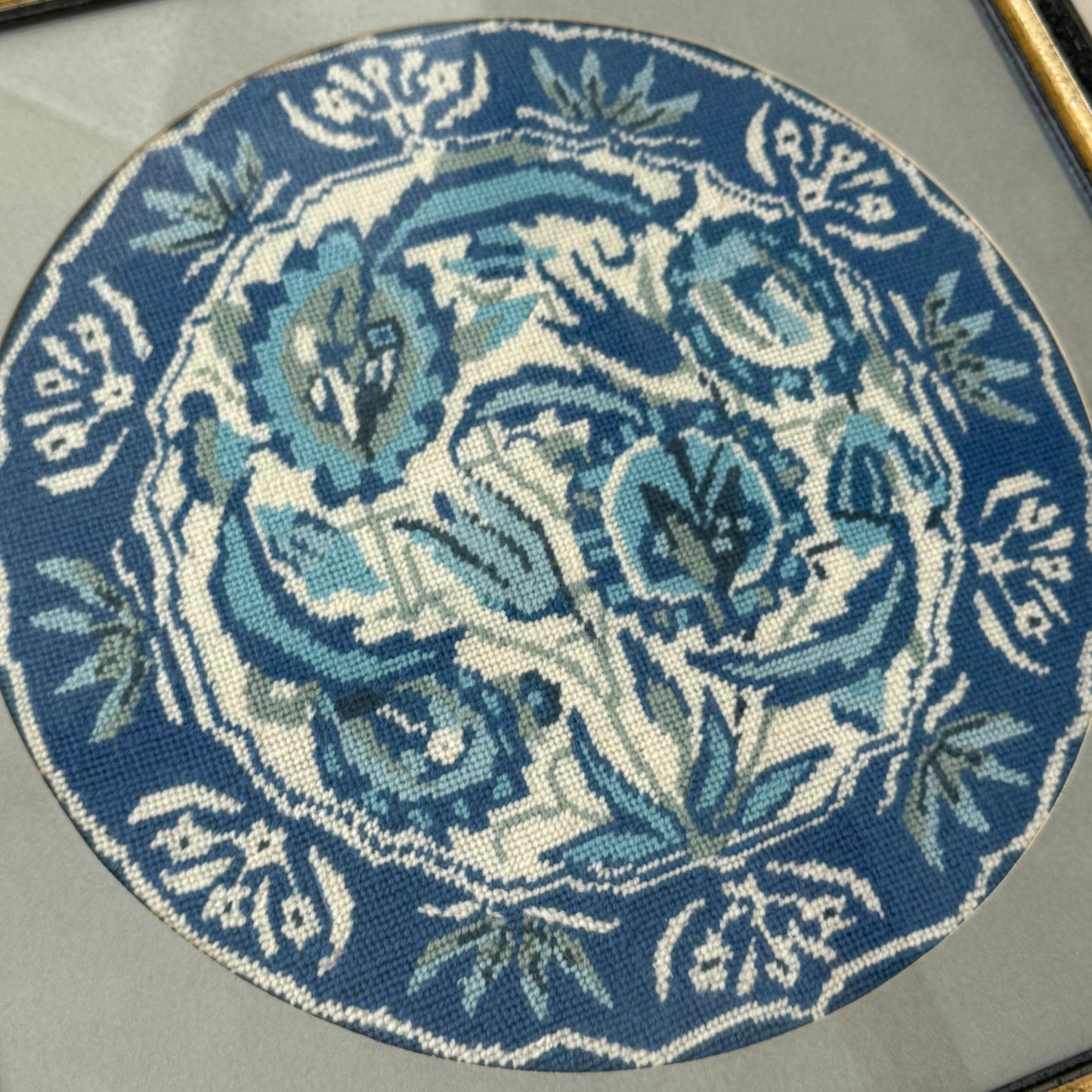 Vintage Blue and White Needlepoint Plate in Custom Frame