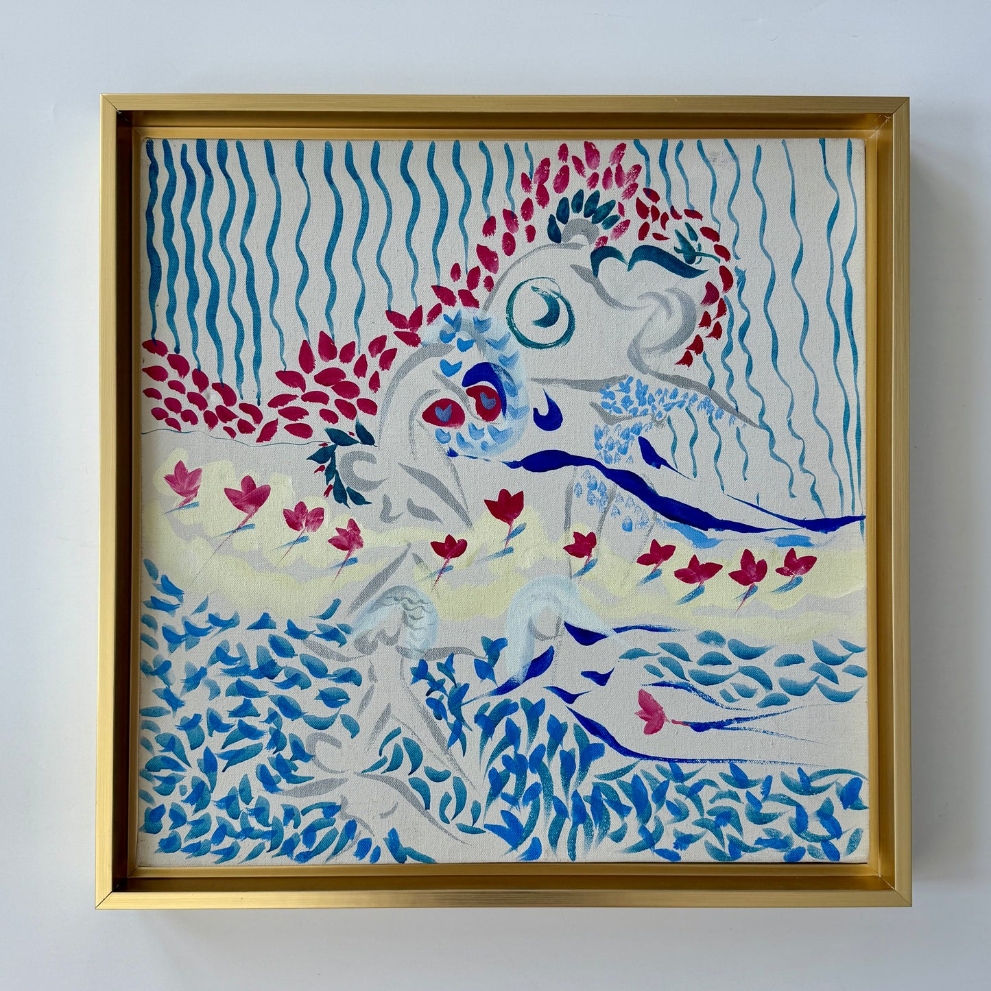 Eva Bouzard-Hui Abstract Figural Female Floral Composition Oil Painting in Gold Frame