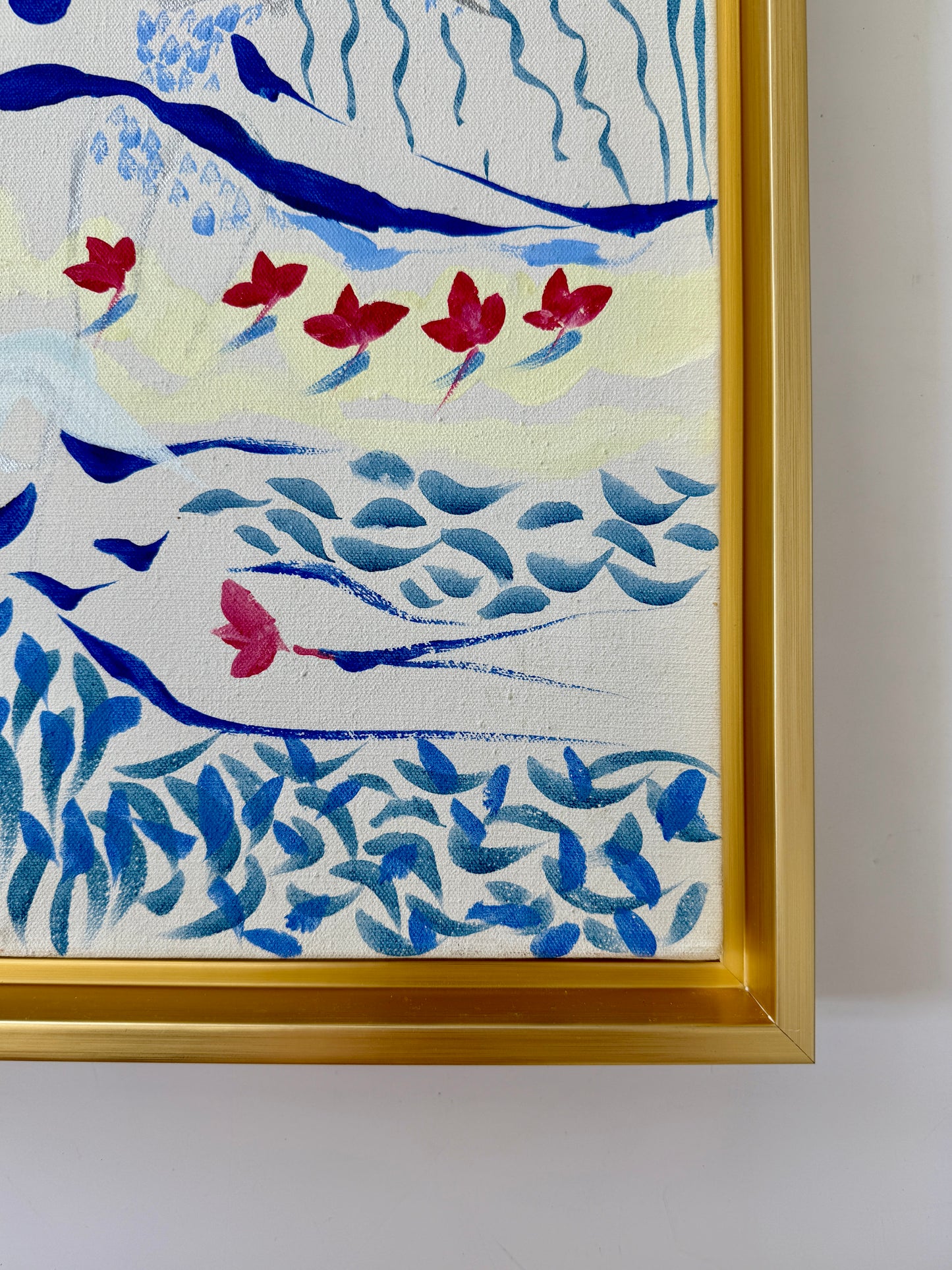 Eva Bouzard-Hui Abstract Figural Female Floral Composition Oil Painting in Gold Frame