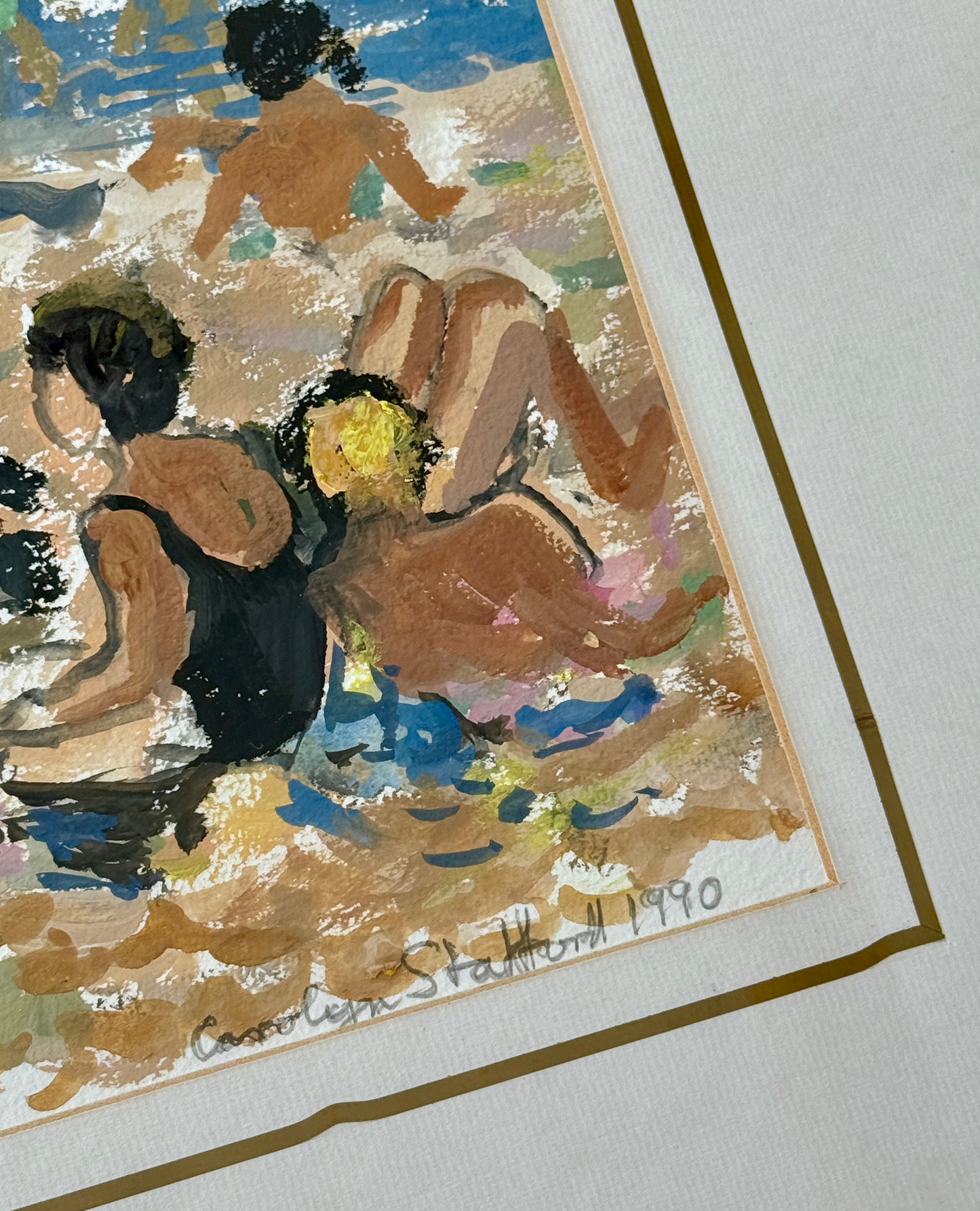 Vintage Carolyn Stafford Crowded Beach Seascape Painting in Gold Frame