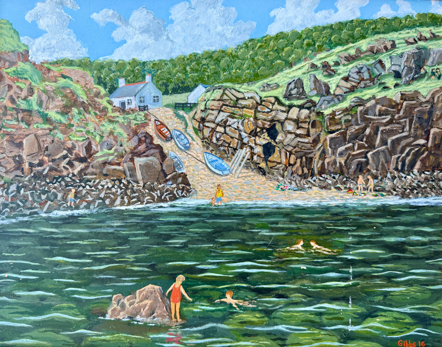 Summer Swimming in the Cove Coastal Landscape Oil Painting in Gold Frame