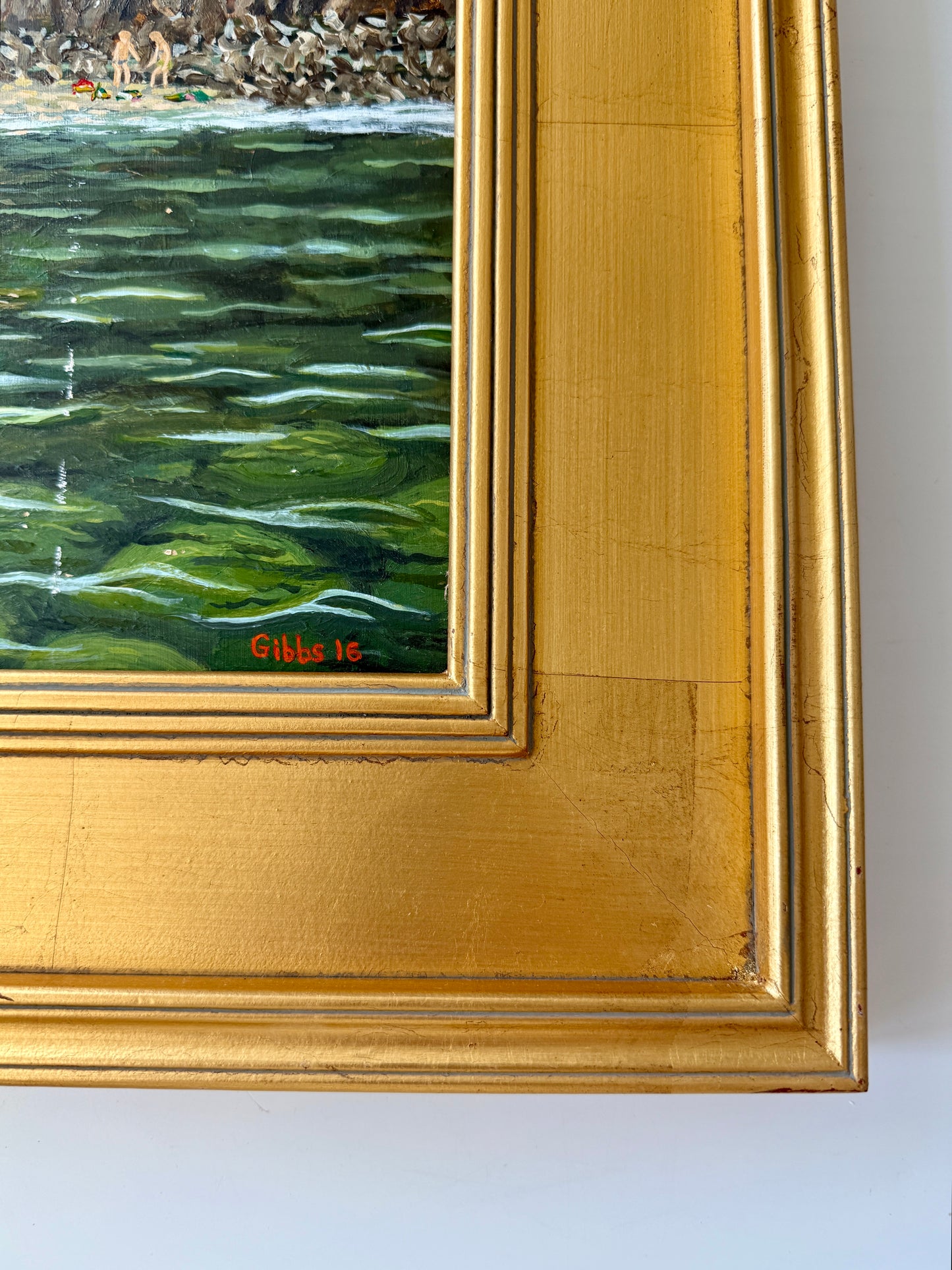 Summer Swimming in the Cove Coastal Landscape Oil Painting in Gold Frame