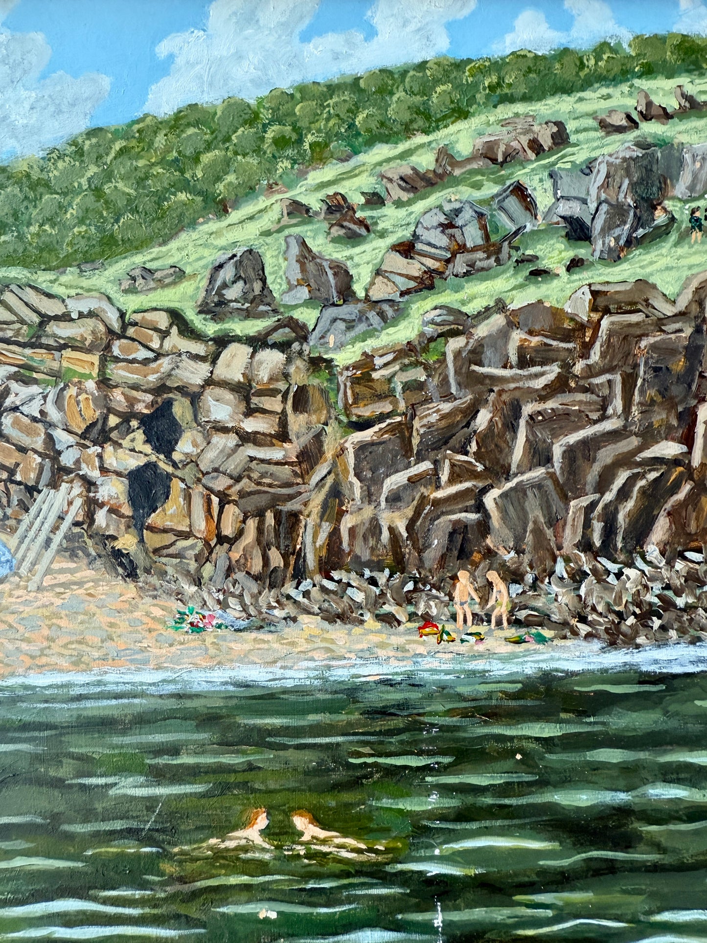 Summer Swimming in the Cove Coastal Landscape Oil Painting in Gold Frame