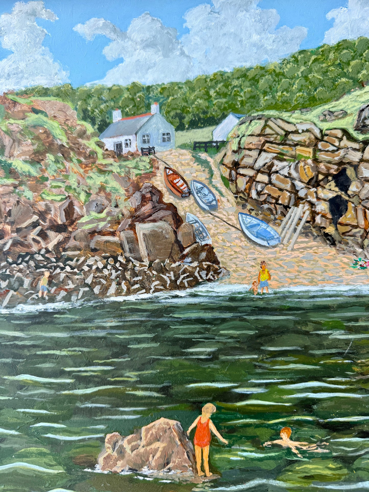 Summer Swimming in the Cove Coastal Landscape Oil Painting in Gold Frame
