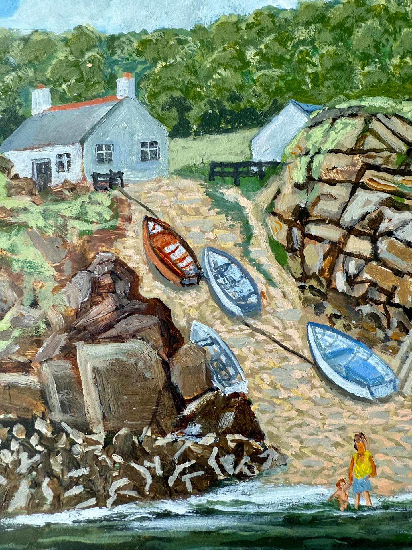 Summer Swimming in the Cove Coastal Landscape Oil Painting in Gold Frame