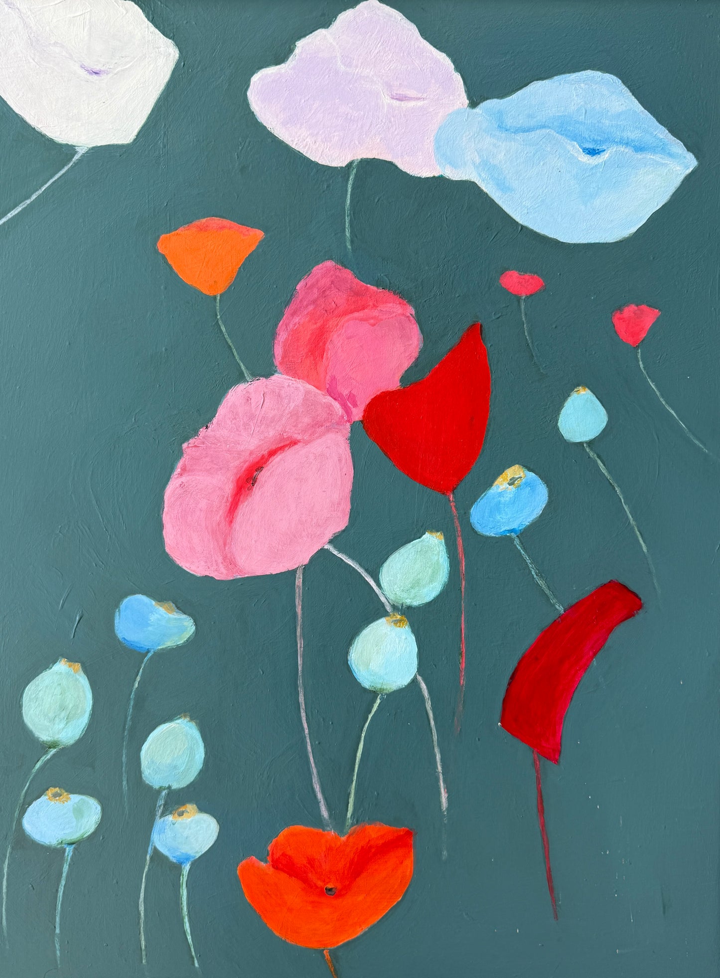 Contemporary Poppies Modernist Still Life Oil Painting in Painted Frame