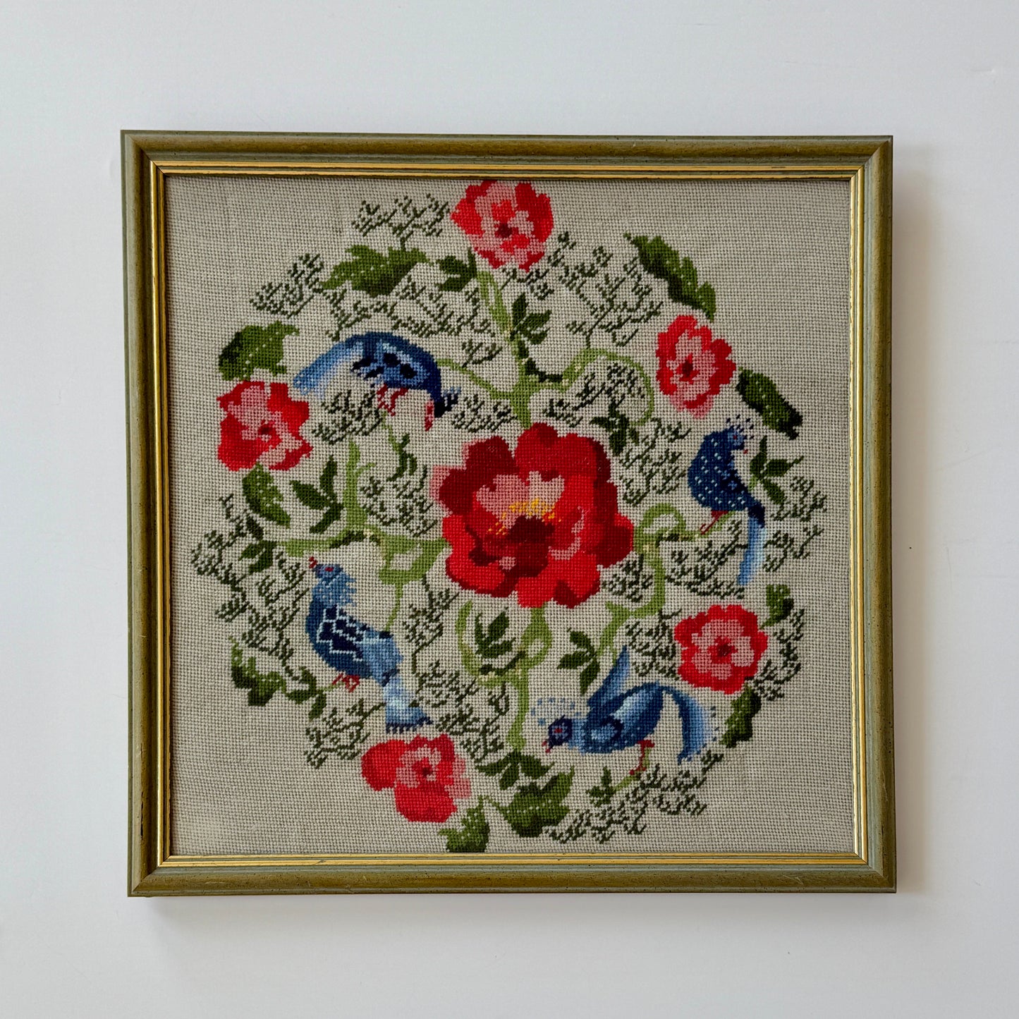 1937 Needlepoint Blue Peacocks and Roses in Blue Green and Gold Frame