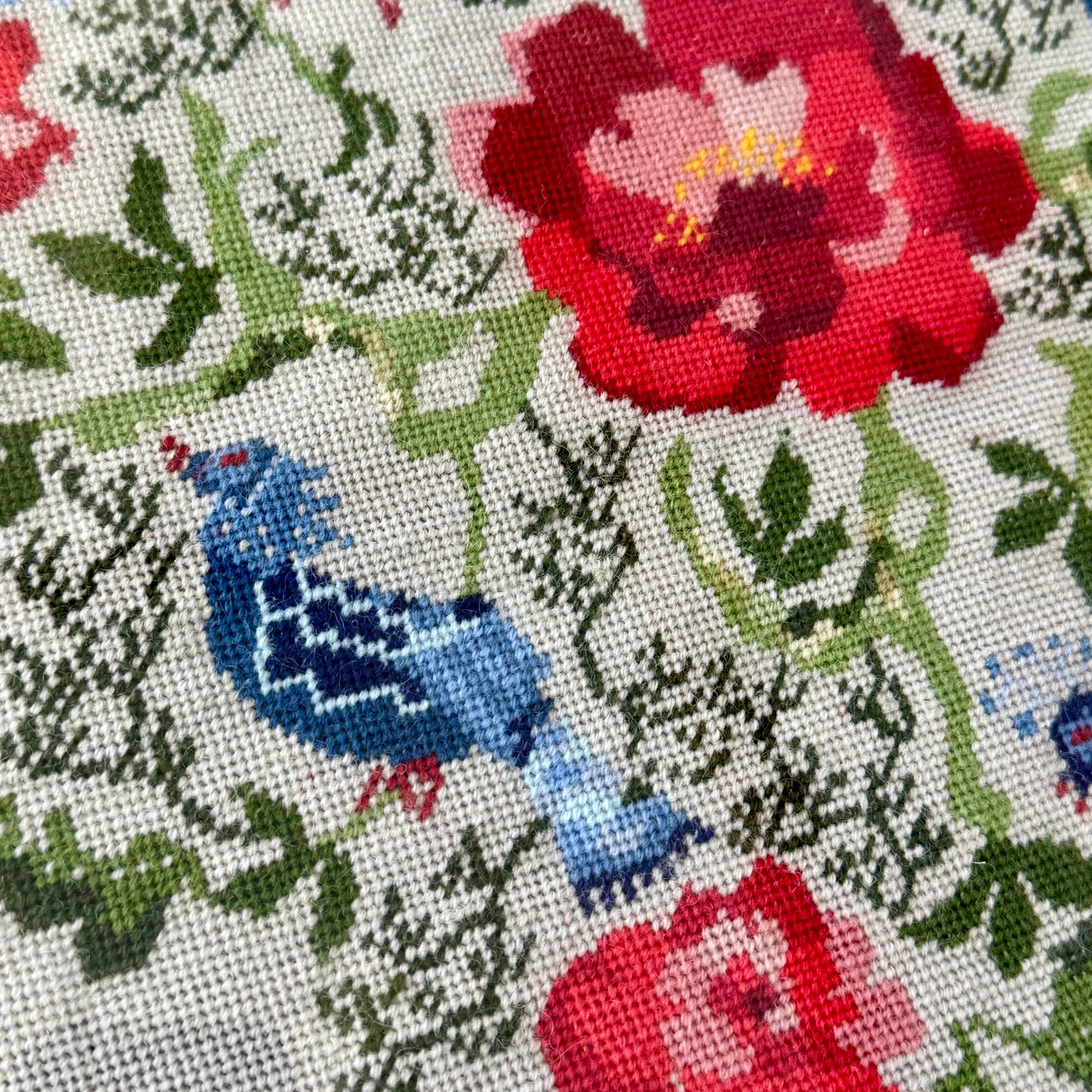 1937 Needlepoint Blue Peacocks and Roses in Blue Green and Gold Frame