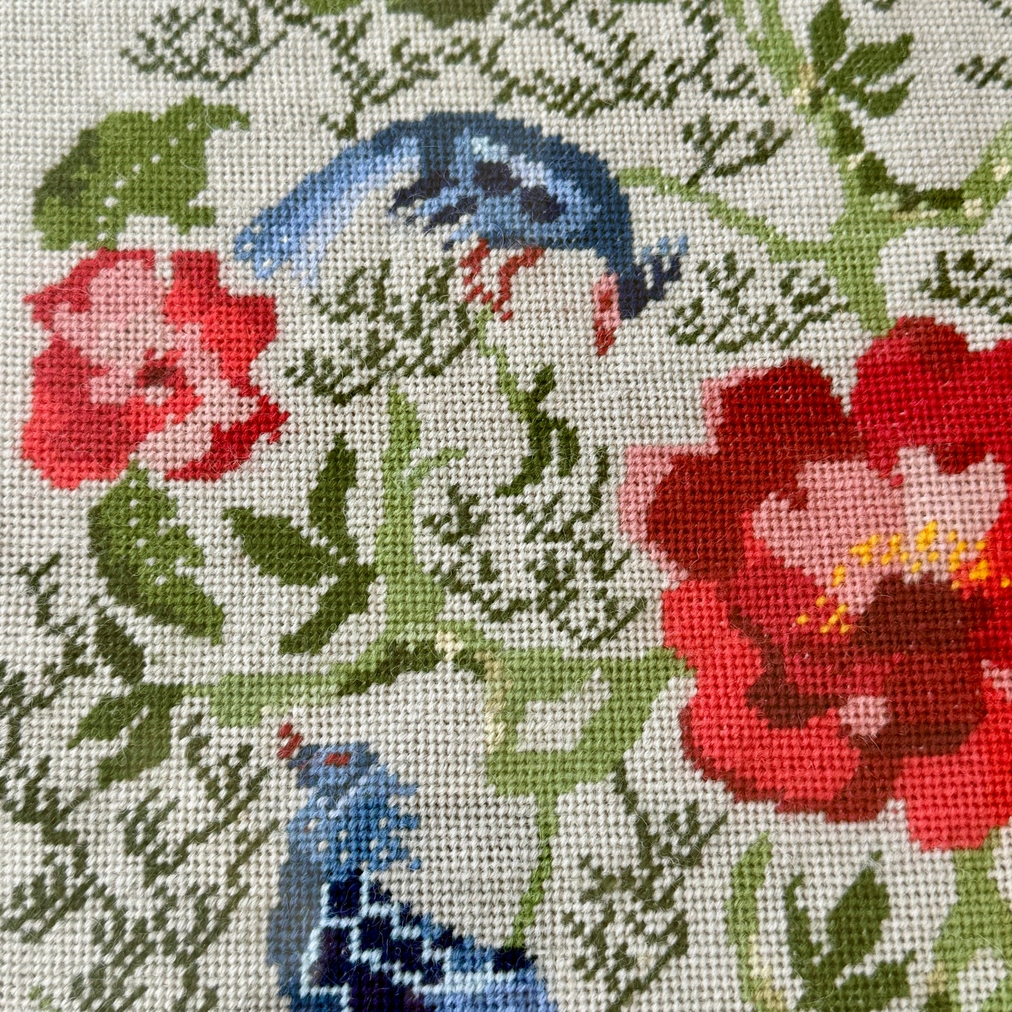 1937 Needlepoint Blue Peacocks and Roses in Blue Green and Gold Frame