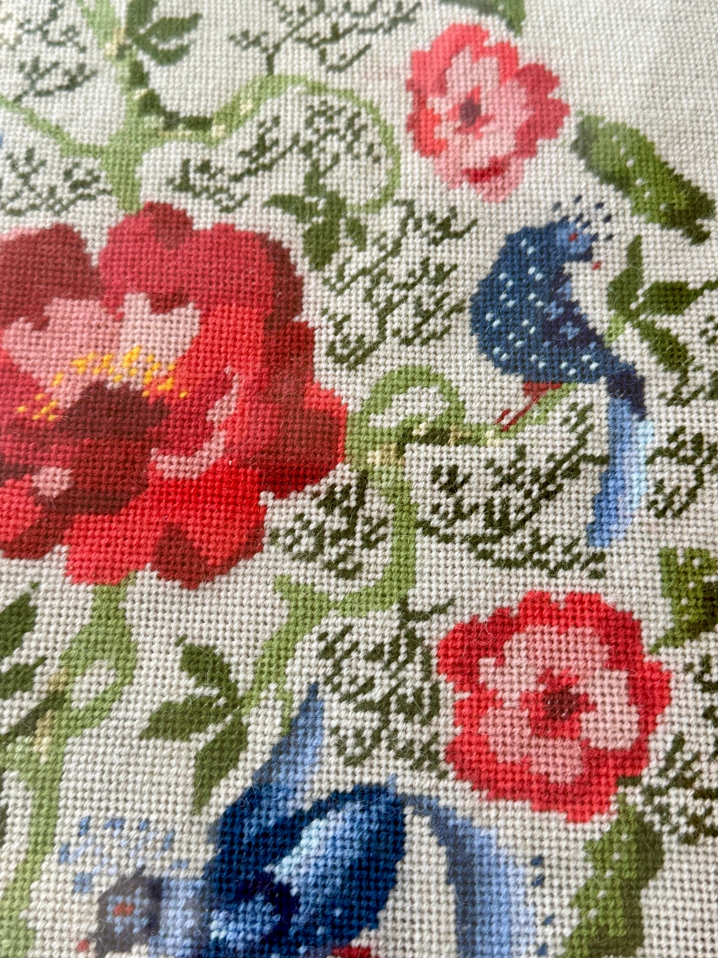 1937 Needlepoint Blue Peacocks and Roses in Blue Green and Gold Frame